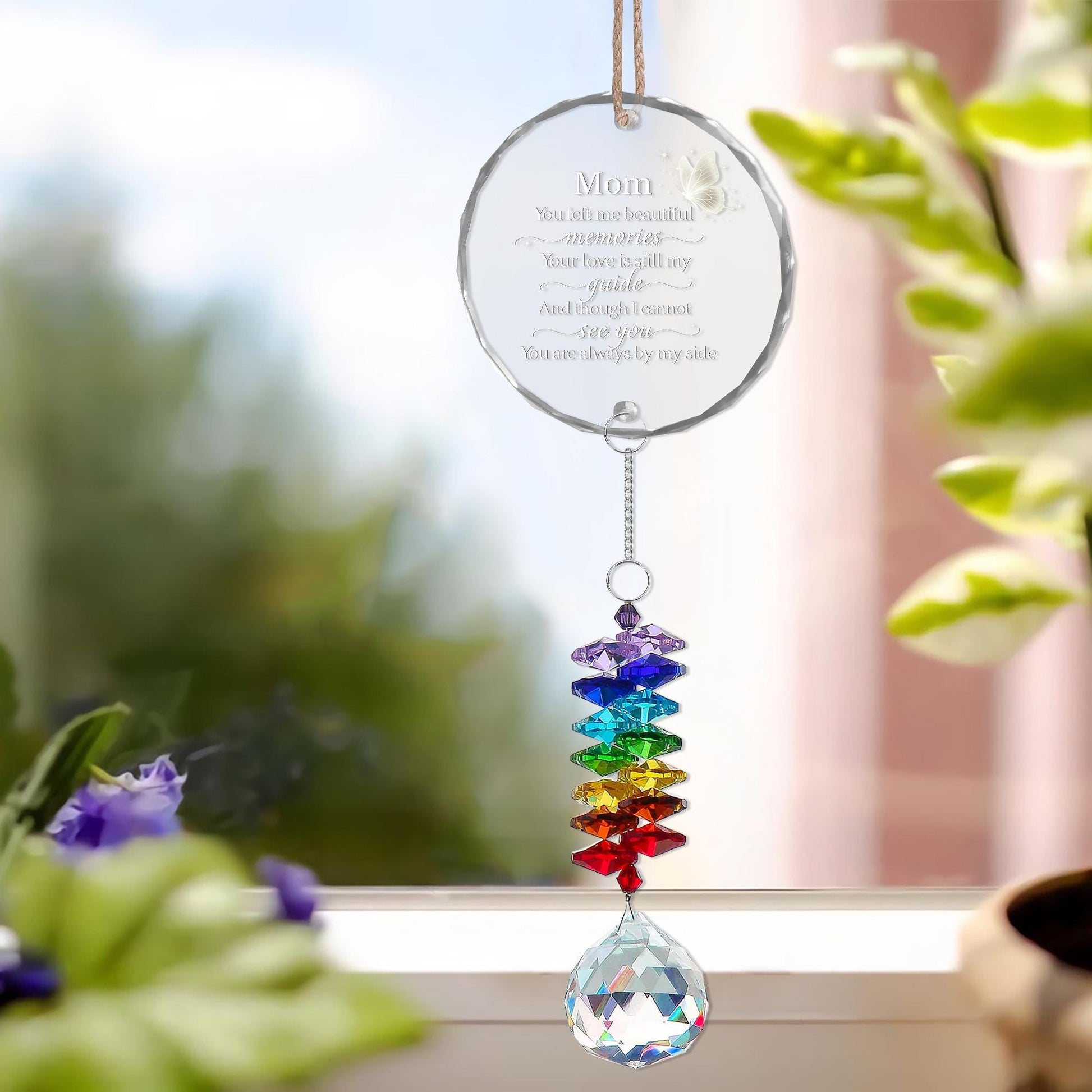 Mom Memorial Glass Ornament with White Butterfly Charm and Crystal Rainbow Suncatcher