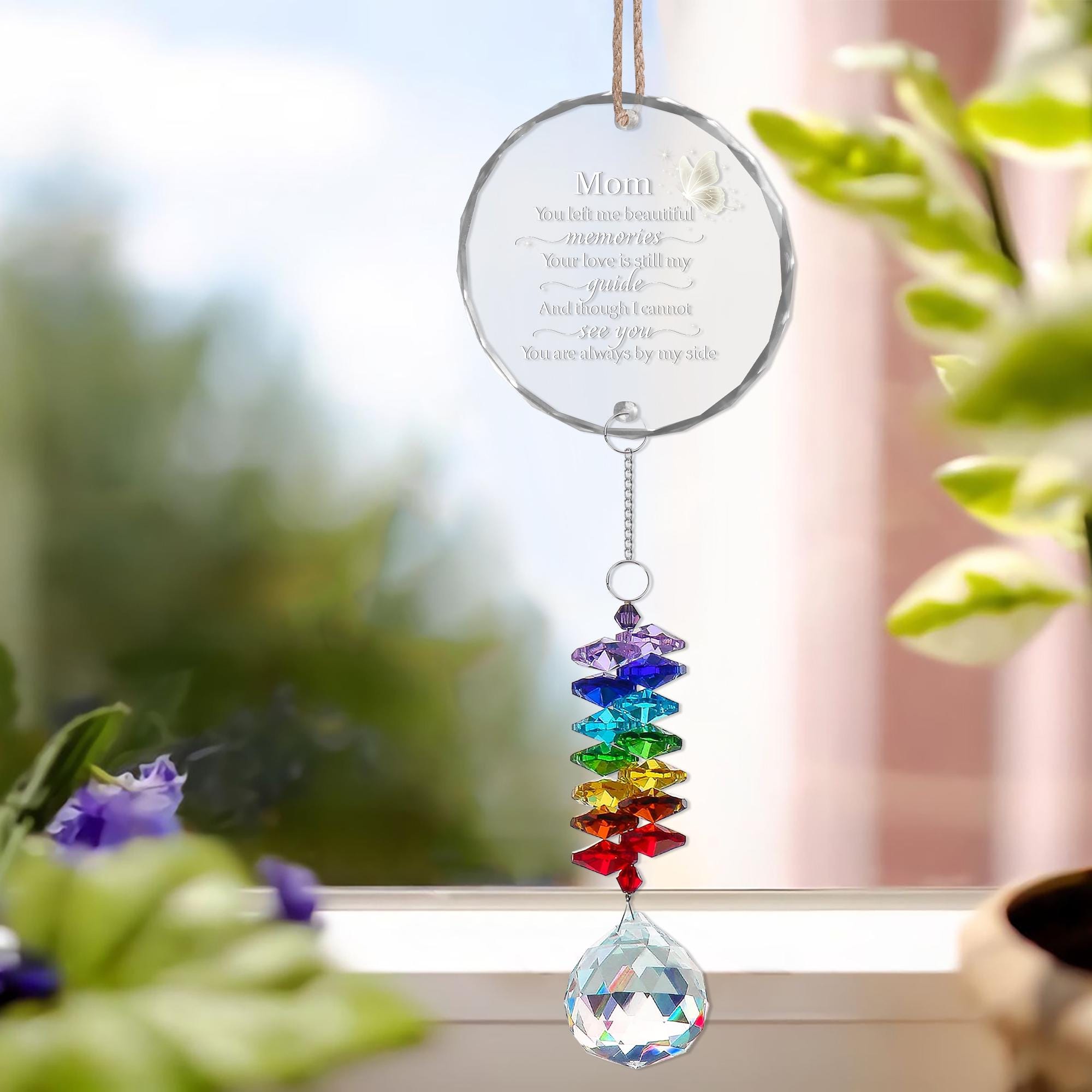 Mom Memorial Glass Ornament with White Butterfly Charm and Crystal Rainbow Suncatcher