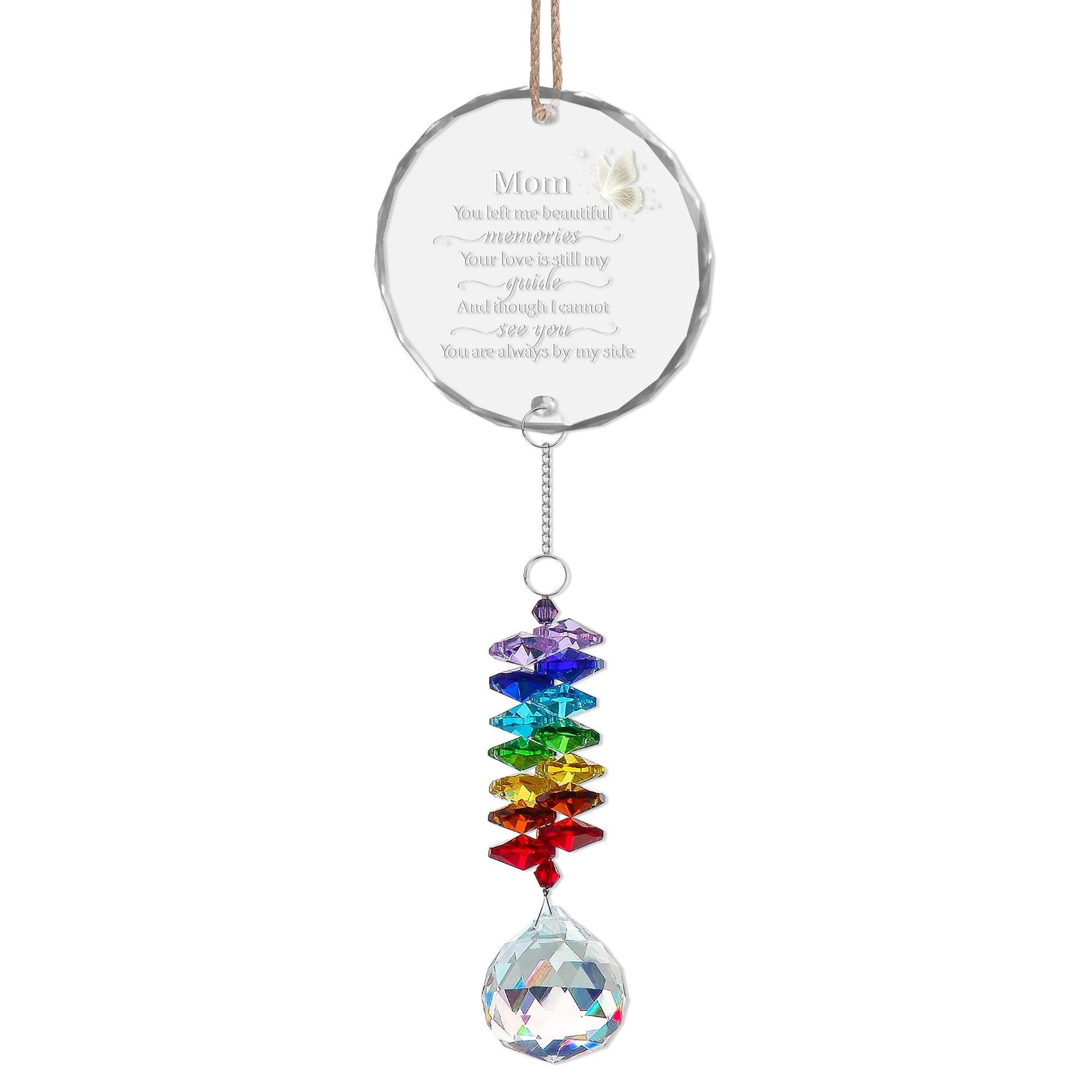 Mom Memorial Glass Ornament with White Butterfly Charm and Crystal Rainbow Suncatcher