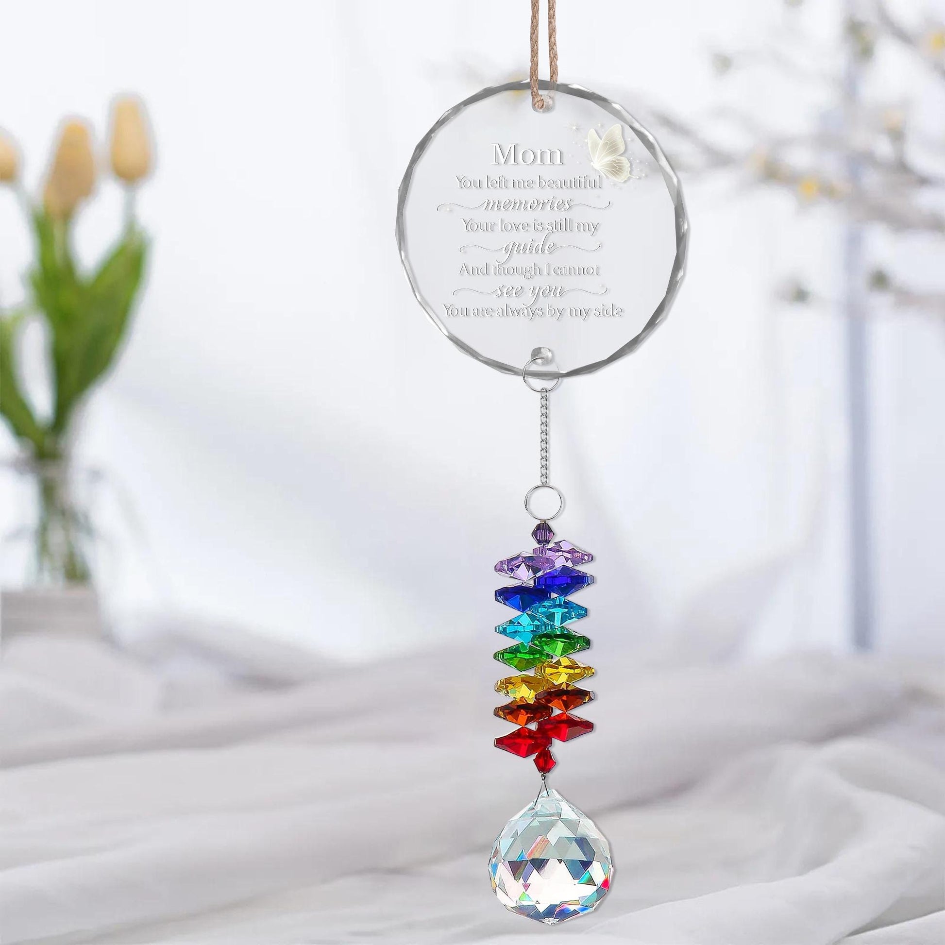 Mom Memorial Glass Ornament with White Butterfly Charm and Crystal Rainbow Suncatcher