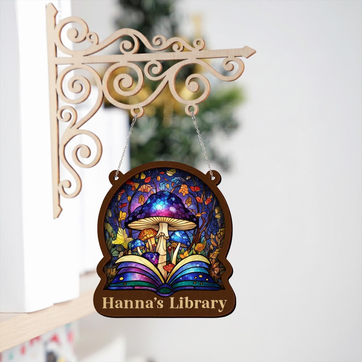 Personalized Mushroom Bookshelf Sign – Fantasy Library Decor