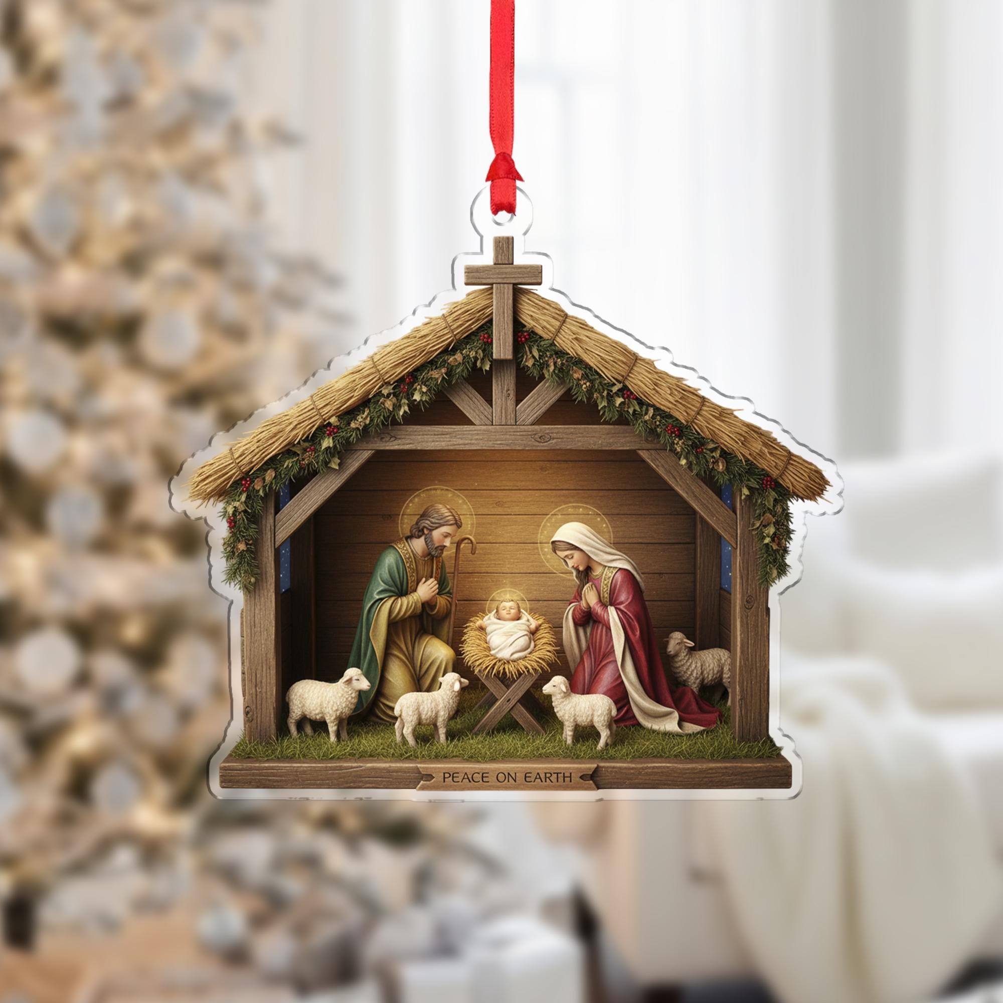 Nativity Ornament – “Peace on Earth” Religious Christmas Tree Hanging Decoration