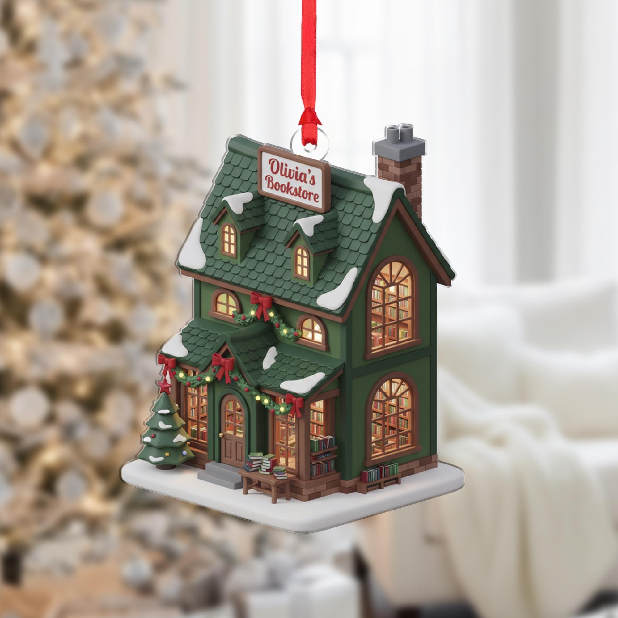Personalized Bookstore Christmas Ornament: Miniature Building Decor