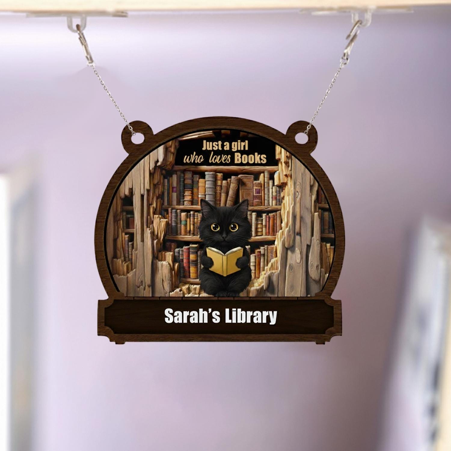 Personalized Black Cat Bookshelf Sign – Just a Girl Who Loves Books Library Decor