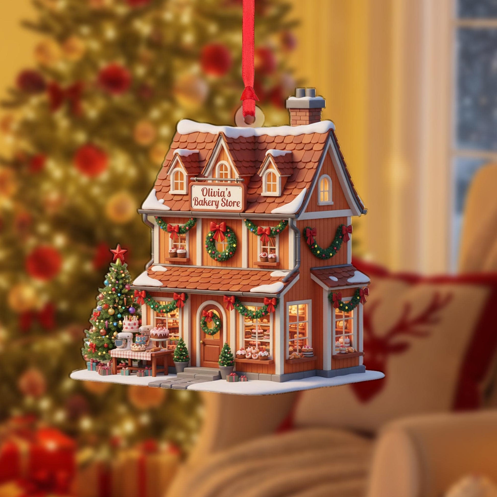 Personalized Bakery Ornament: Miniature Storefront with Custom Name Sign, Christmas Tree Decoration for Bakers