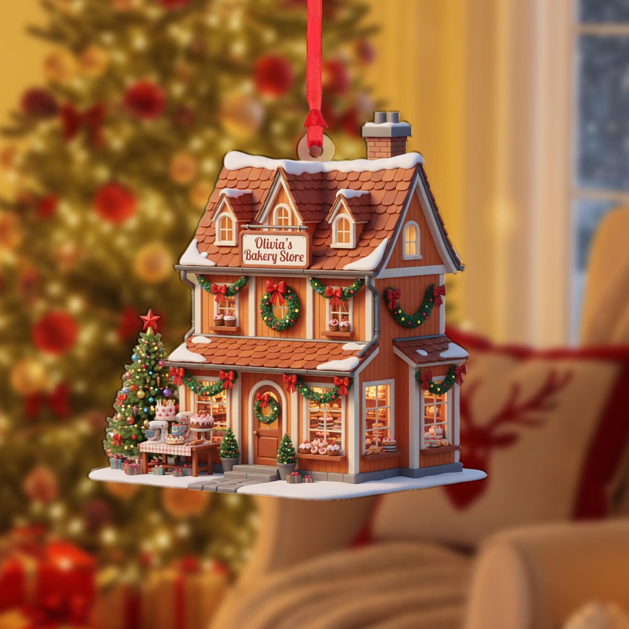 Personalized Bakery Ornament: Miniature Storefront with Custom Name Sign, Christmas Tree Decoration for Bakers