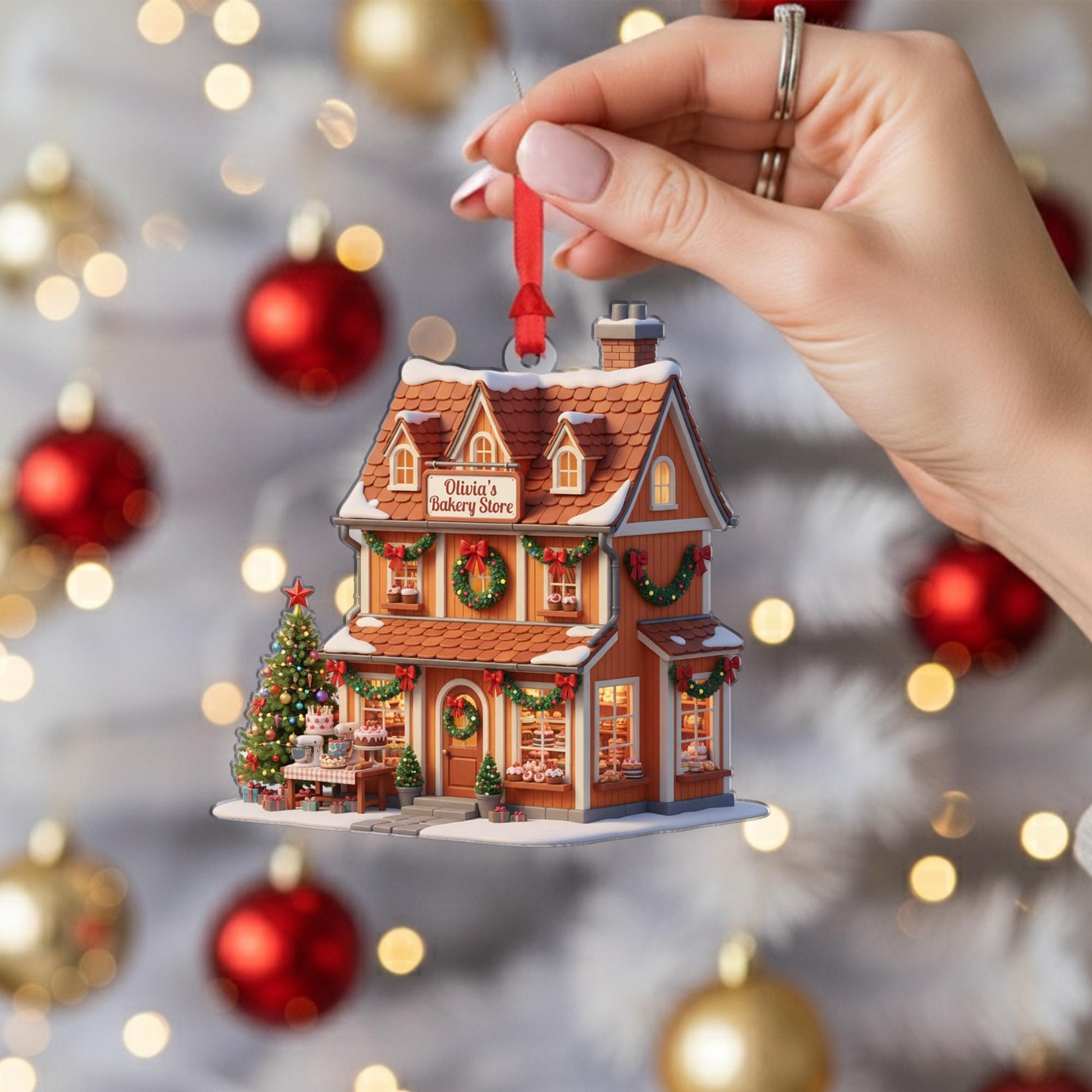 Personalized Bakery Ornament: Miniature Storefront with Custom Name Sign, Christmas Tree Decoration for Bakers