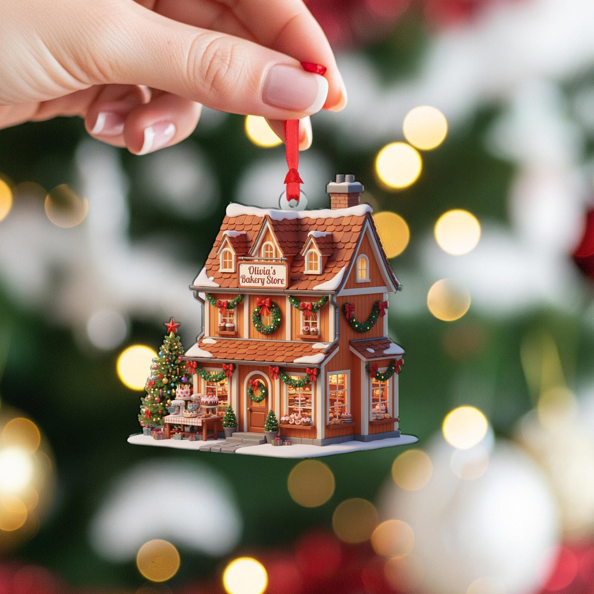 Personalized Bakery Ornament: Miniature Storefront with Custom Name Sign, Christmas Tree Decoration for Bakers