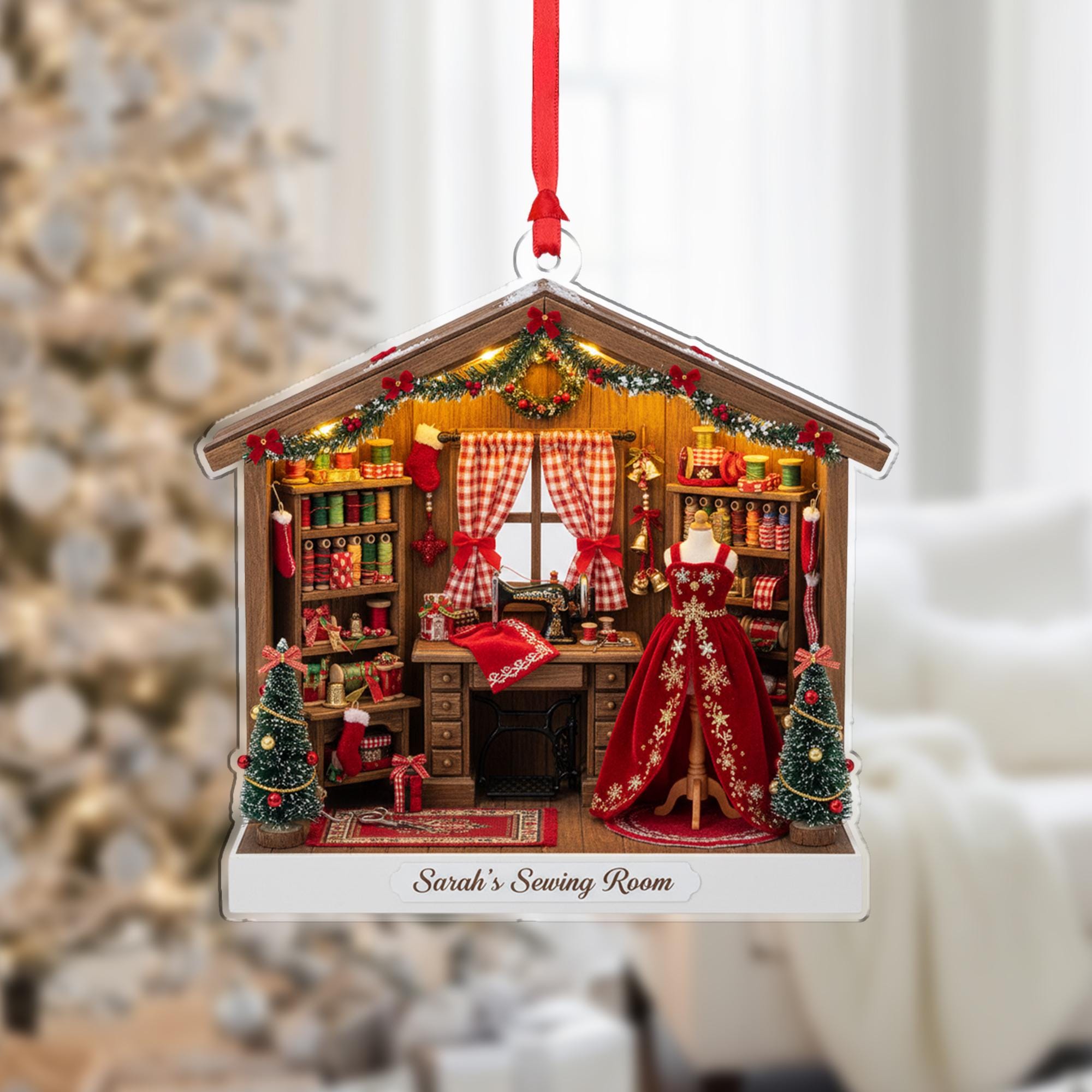 Personalized House-Shape Sewing Room Ornament with Miniature Dress & Tailor Shop Christmas Decor