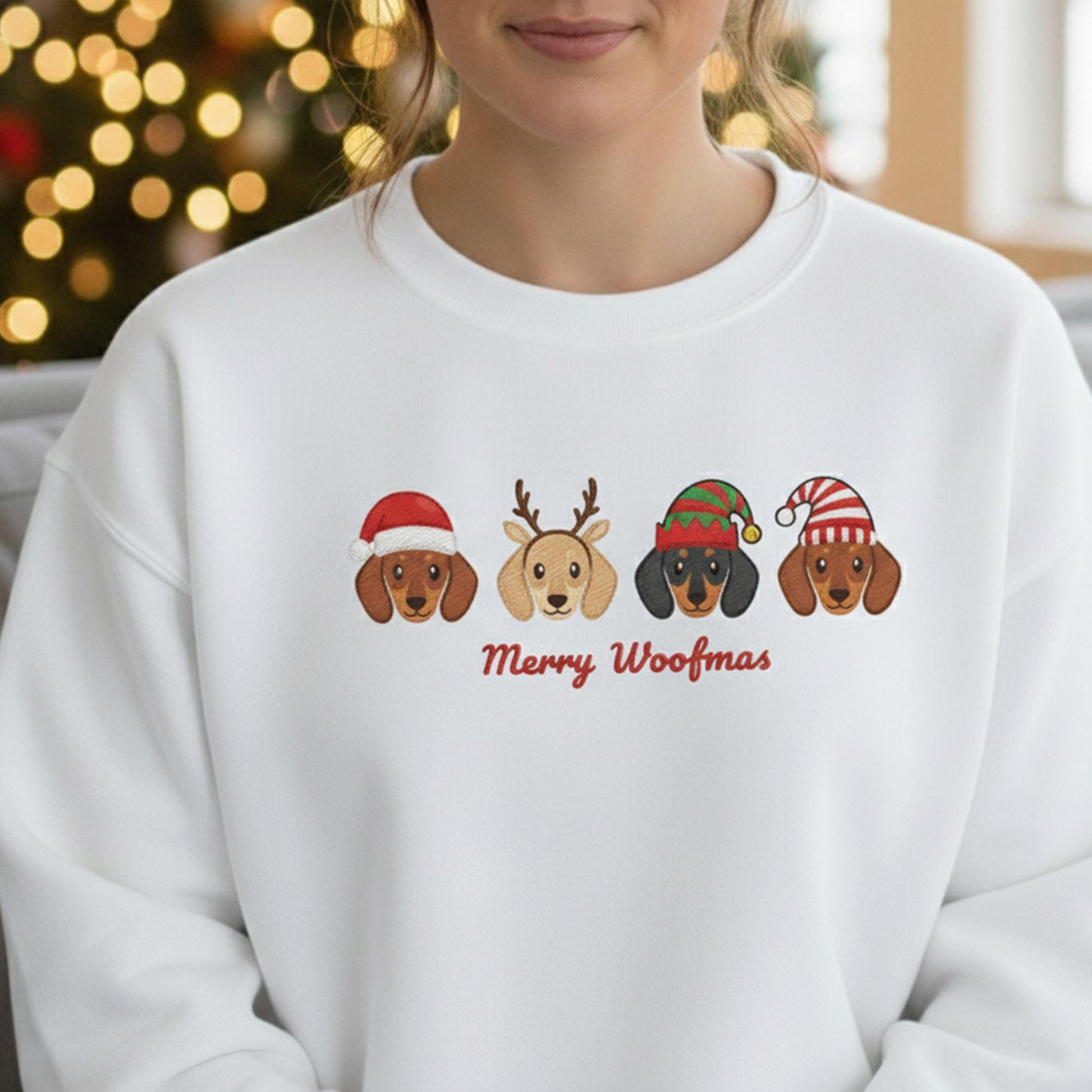 Embroidered Dachshund Sweatshirt: Merry Woofmas Doxie Pullover