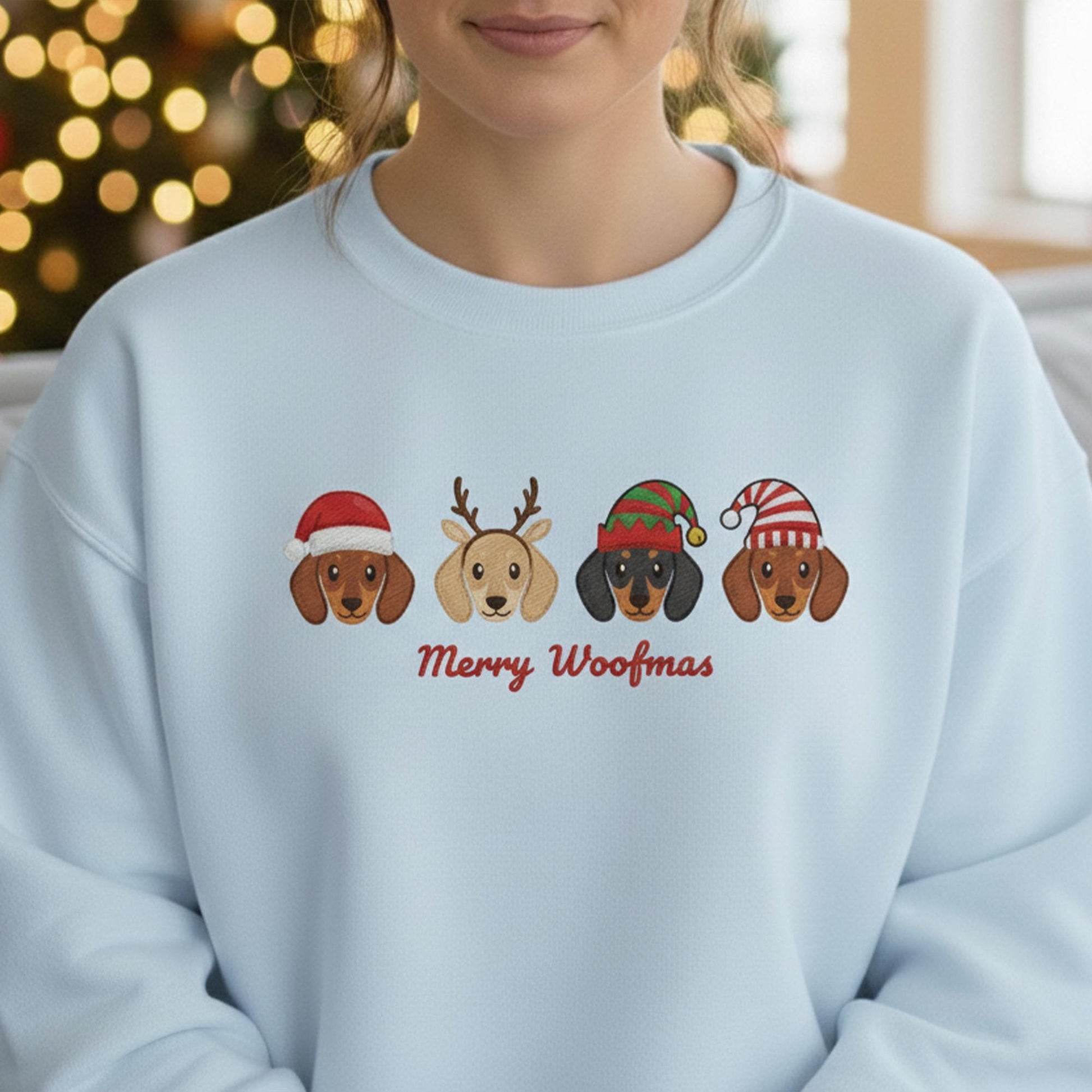 Embroidered Dachshund Sweatshirt: Merry Woofmas Doxie Pullover