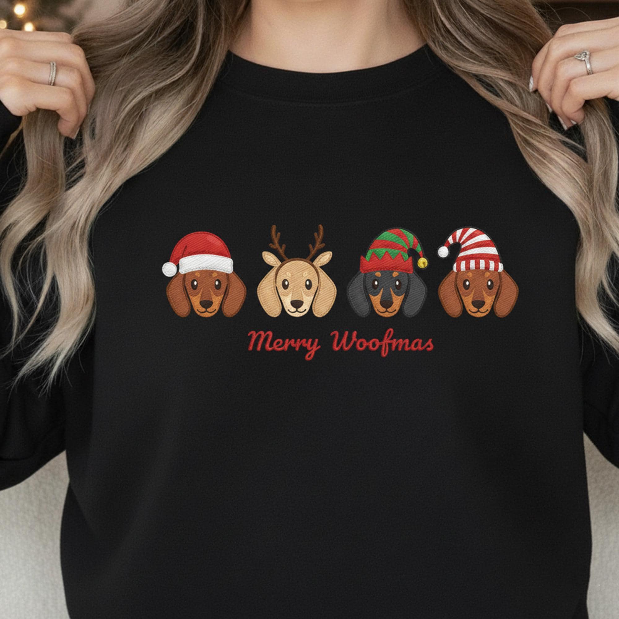 Embroidered Dachshund Sweatshirt: Merry Woofmas Doxie Pullover