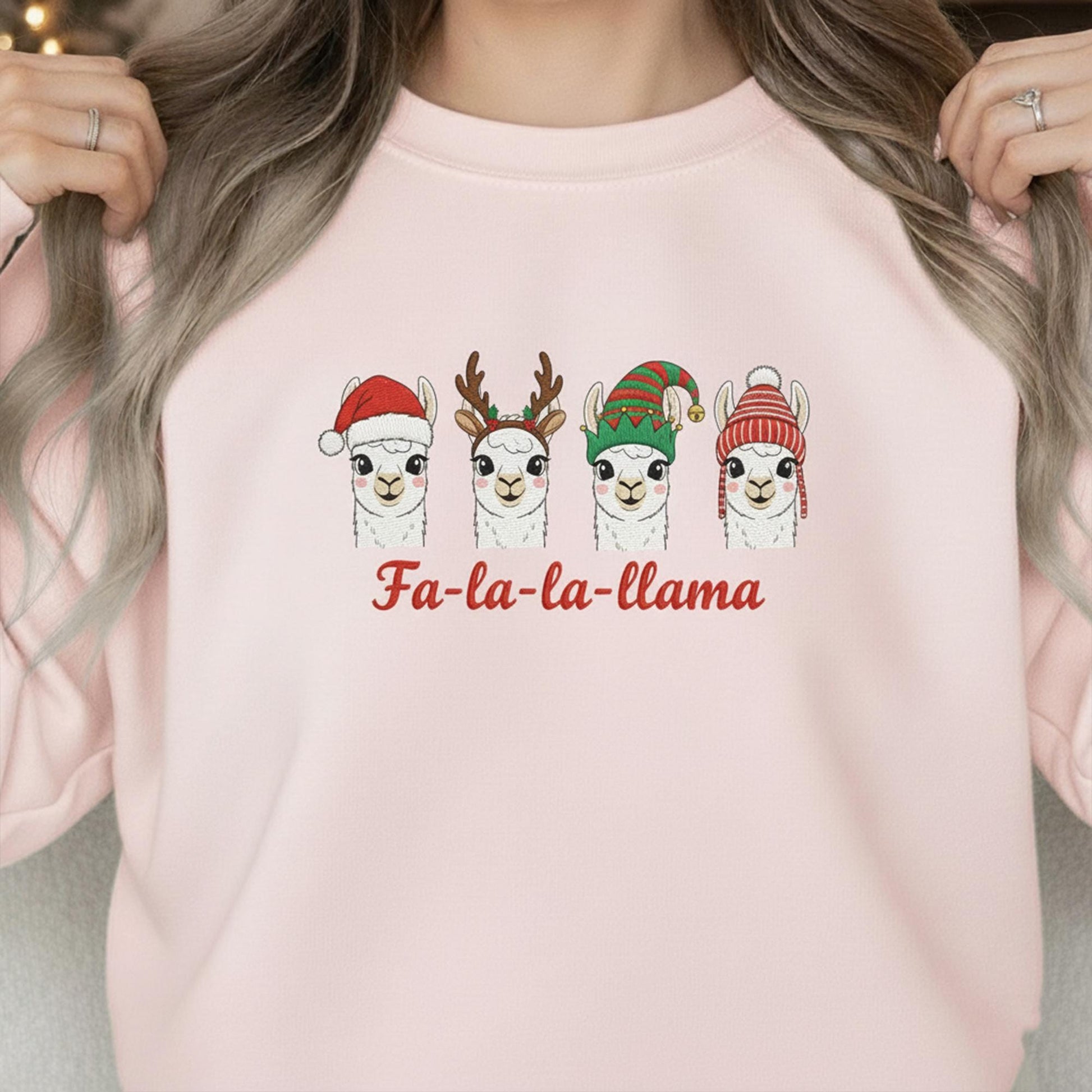 Llama Christmas Sweatshirt: "Fa-la-la-llama" Crewneck Pullover, Festive Holiday Apparel with Four Animal Faces