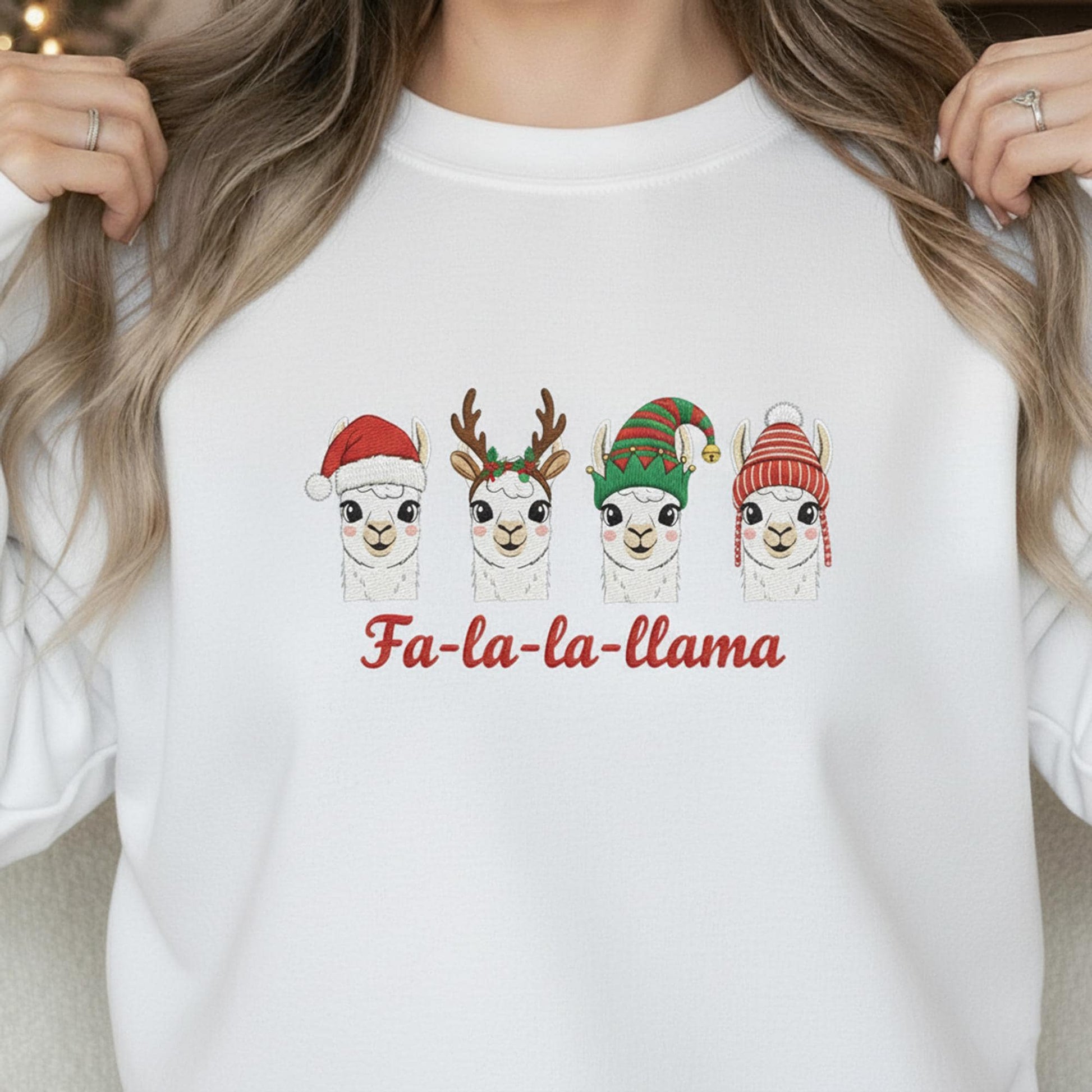 Llama Christmas Sweatshirt: "Fa-la-la-llama" Crewneck Pullover, Festive Holiday Apparel with Four Animal Faces