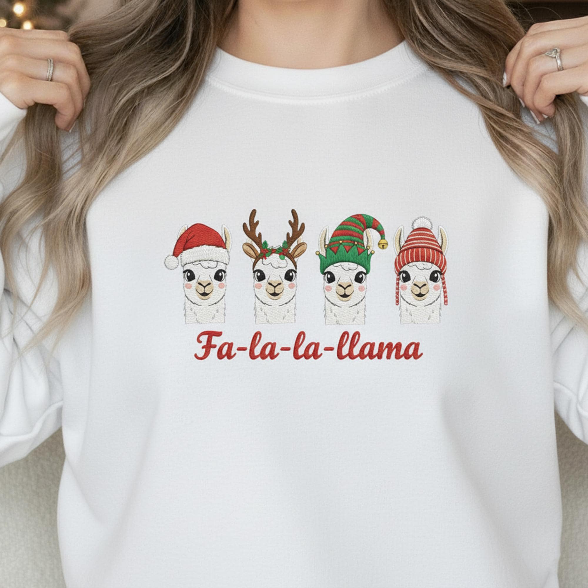 Llama Christmas Sweatshirt: "Fa-la-la-llama" Crewneck Pullover, Festive Holiday Apparel with Four Animal Faces