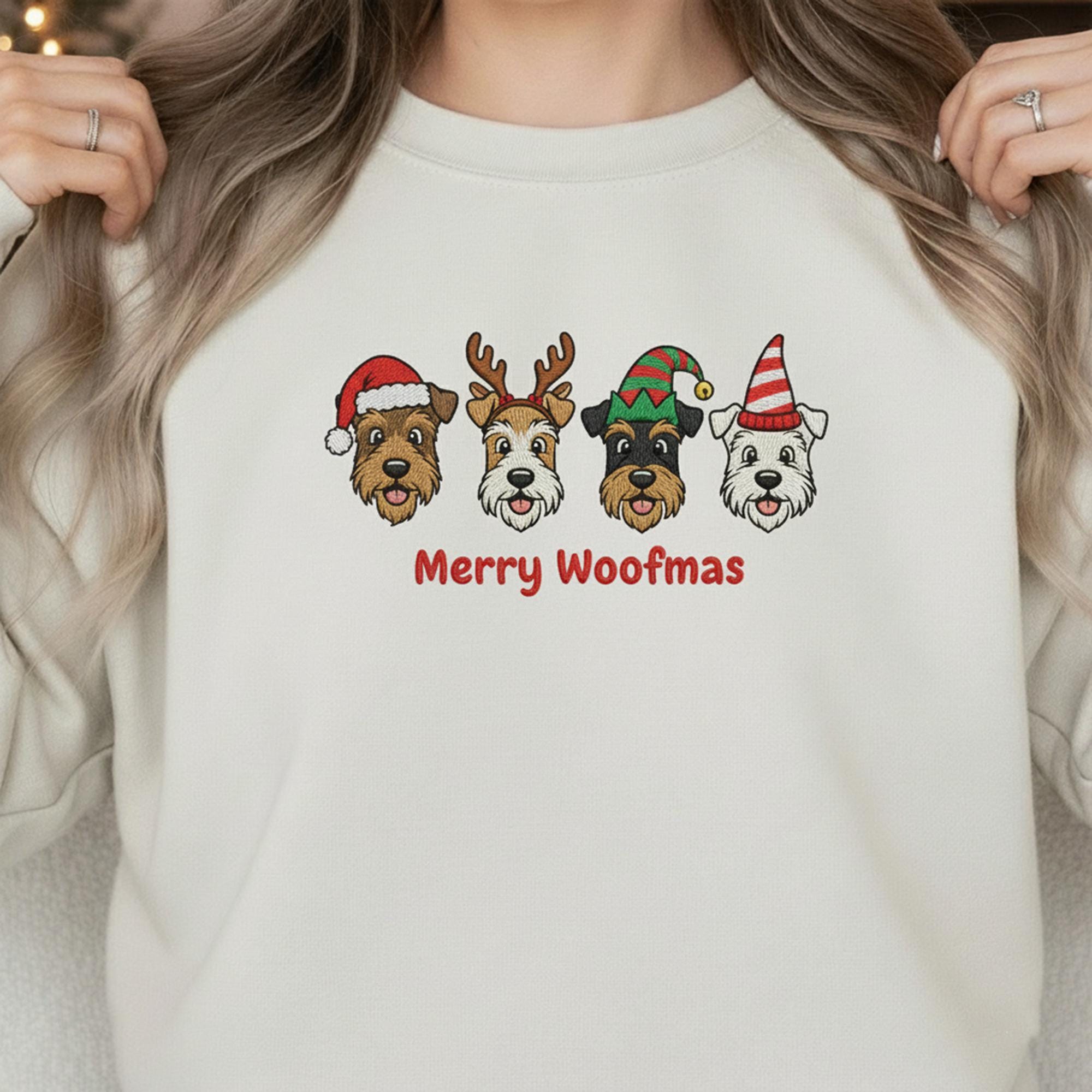 Embroidered Terrier Christmas Sweatshirt: 'Merry Woofmas' Holiday Pullover