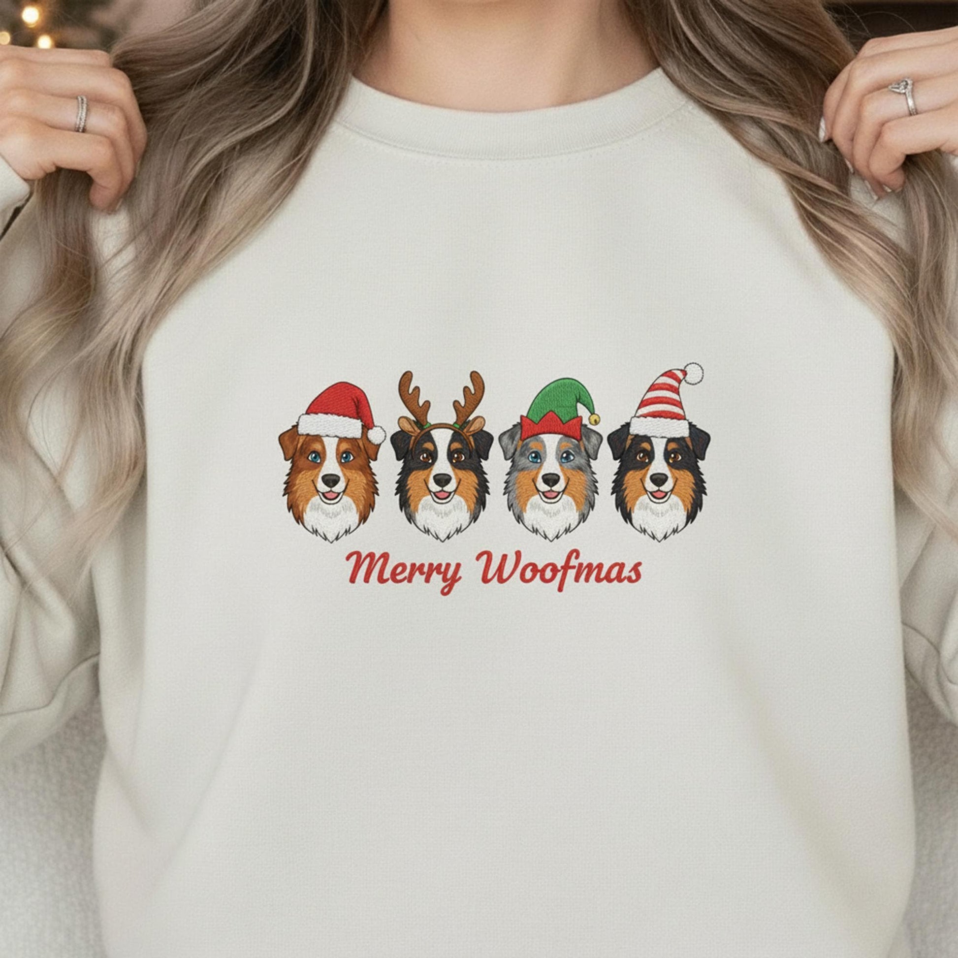 Embroidered Australian Shepherd Sweatshirt: Merry Woofmas Holiday Apparel
