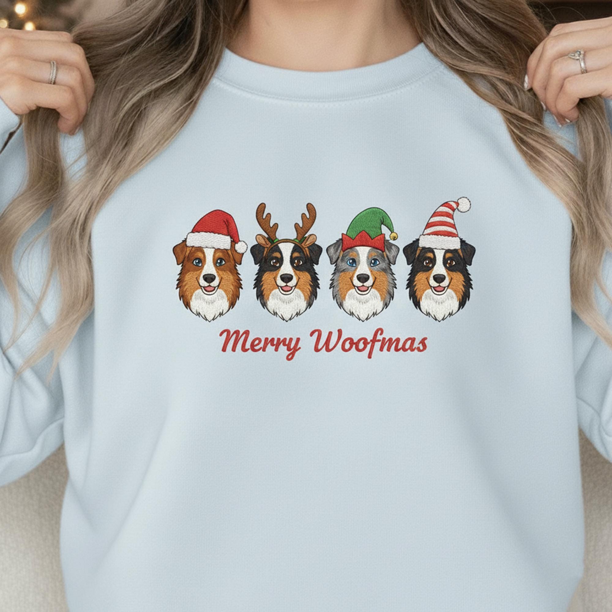 Embroidered Australian Shepherd Sweatshirt: Merry Woofmas Holiday Apparel