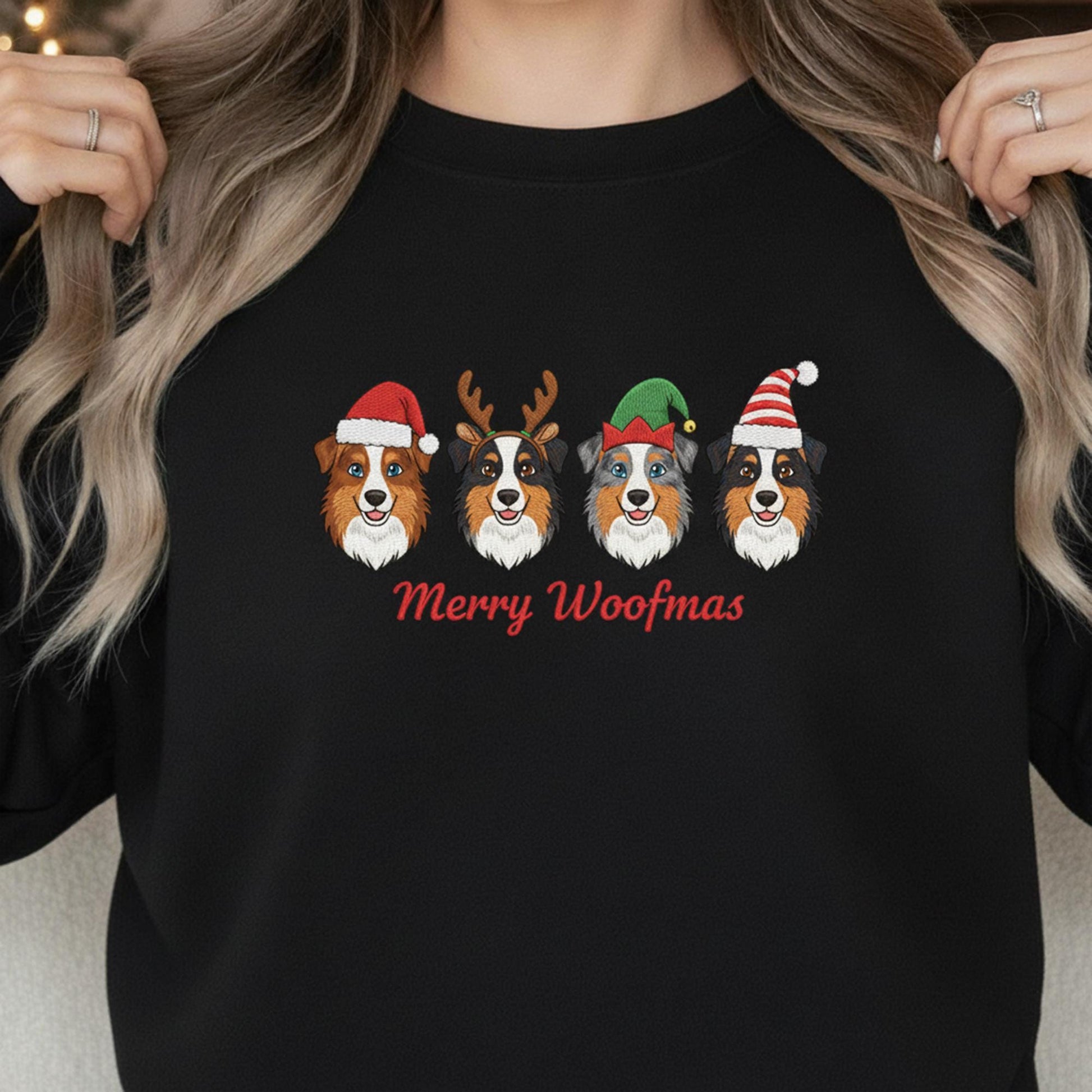 Embroidered Australian Shepherd Sweatshirt: Merry Woofmas Holiday Apparel