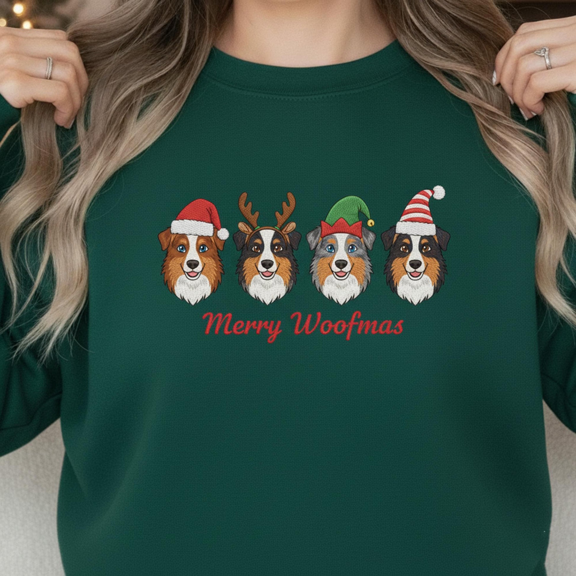 Embroidered Australian Shepherd Sweatshirt: Merry Woofmas Holiday Apparel