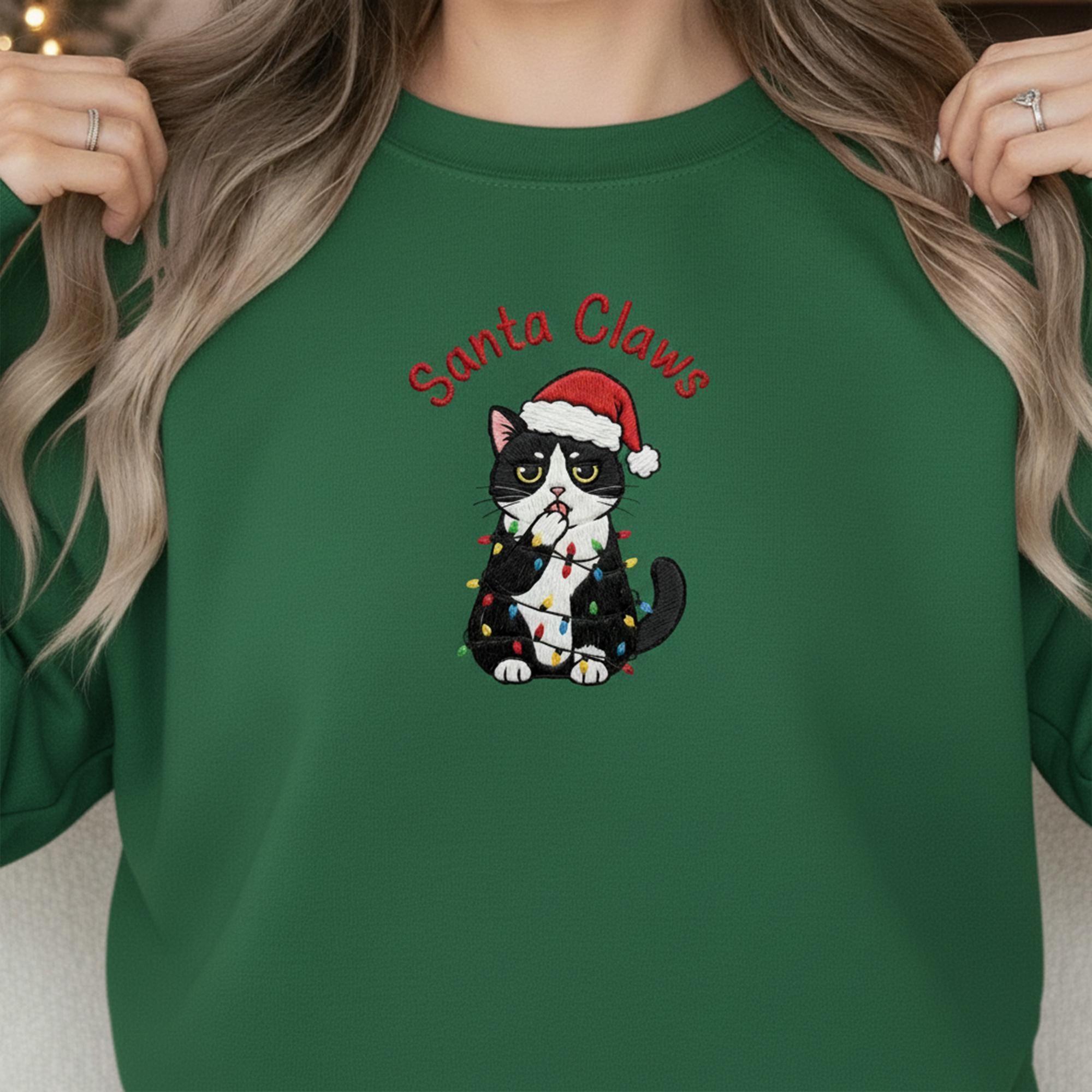 Embroidered Cat Sweatshirt: "Santa Claws" Crewneck Pullover with Funny Tuxedo Cat, Christmas Holiday Apparel