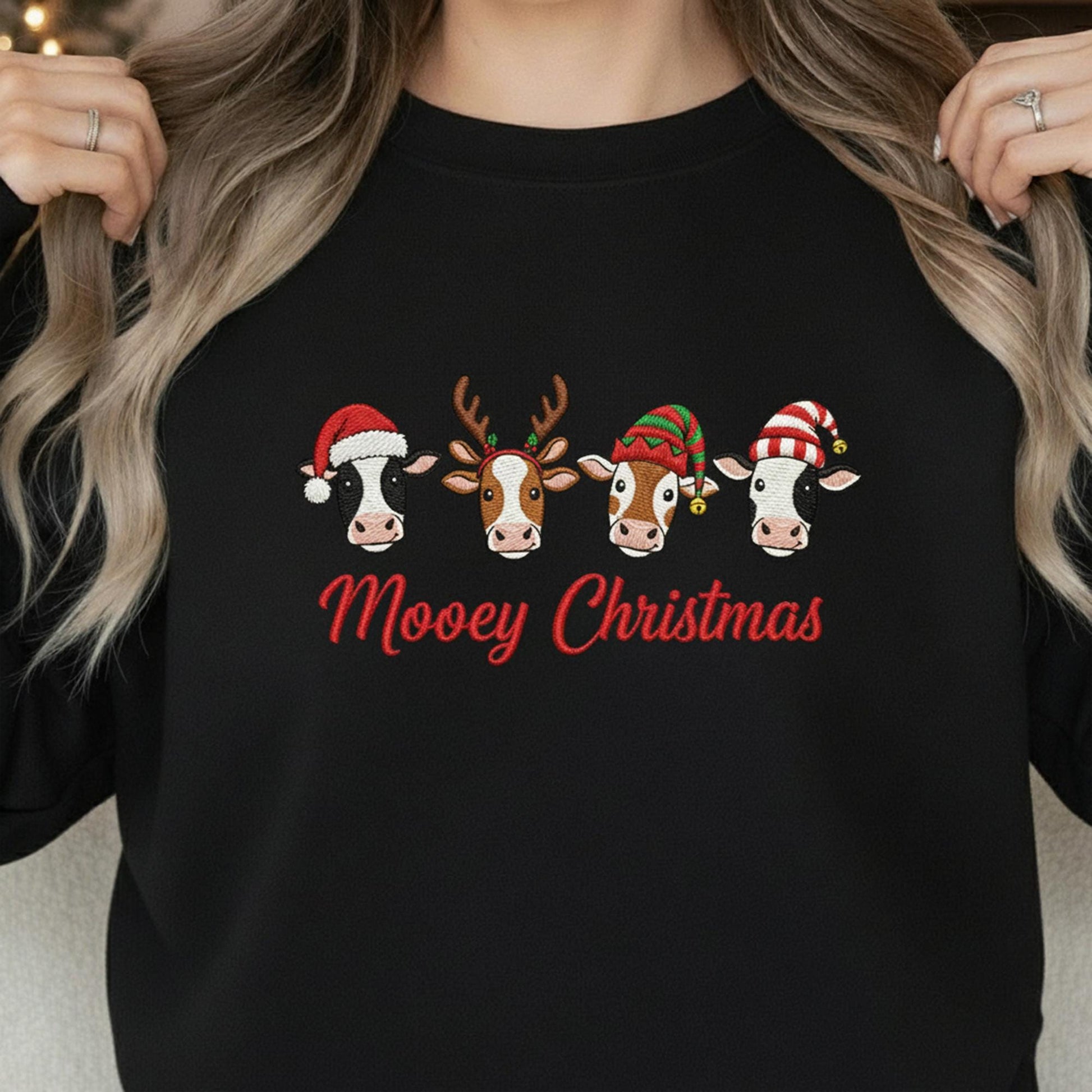 Embroidered Cow Sweatshirt: "Mooey Christmas" Crewneck Pullover with Festive Heifer Faces, Farm Animal Apparel
