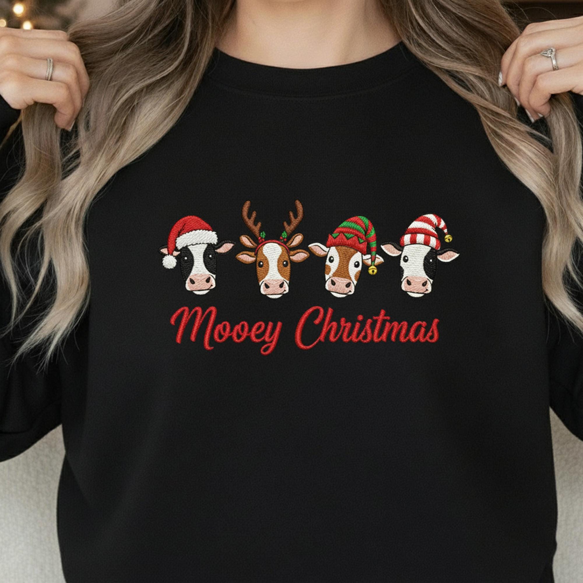 Embroidered Cow Sweatshirt: "Mooey Christmas" Crewneck Pullover with Festive Heifer Faces, Farm Animal Apparel