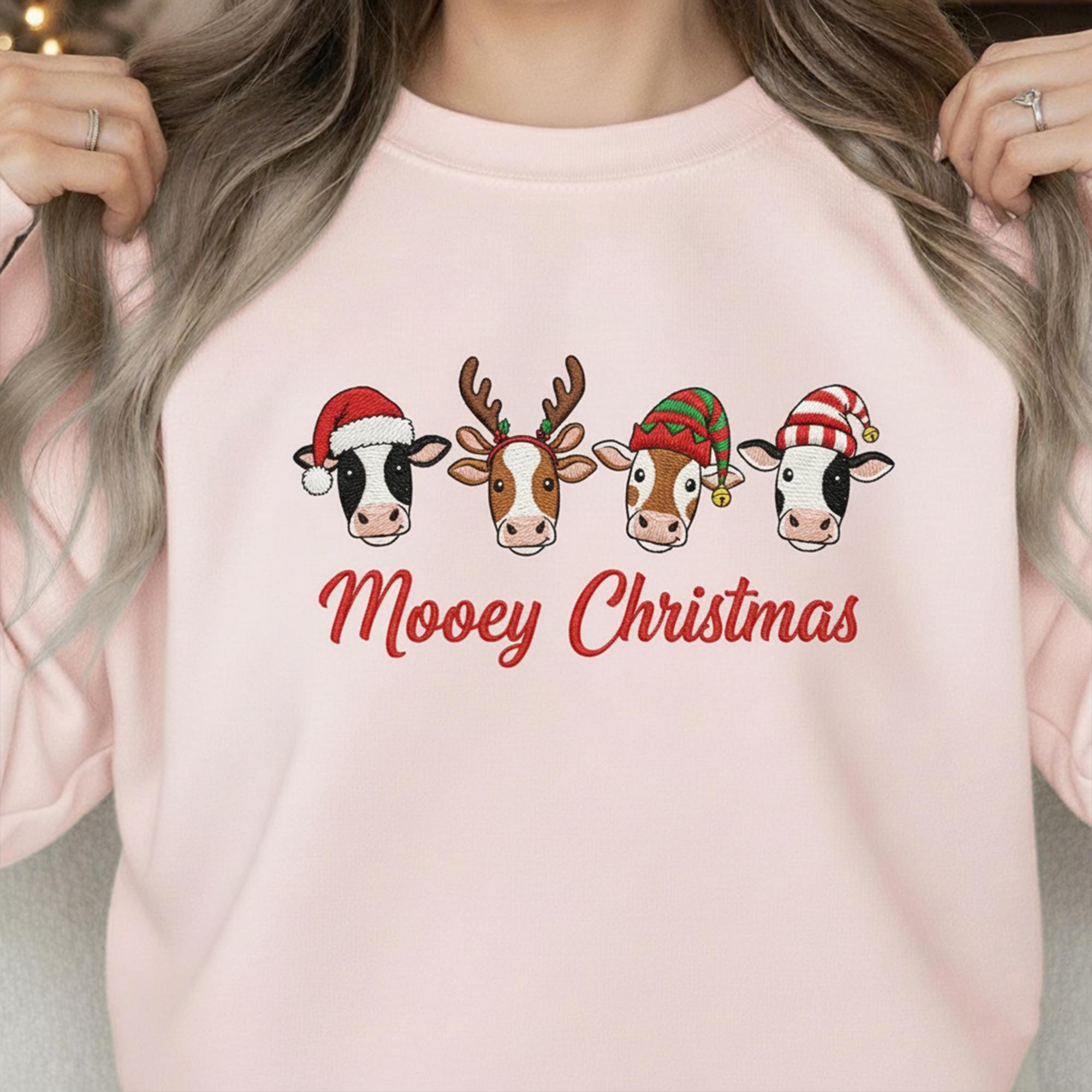 Embroidered Cow Sweatshirt: "Mooey Christmas" Crewneck Pullover with Festive Heifer Faces, Farm Animal Apparel