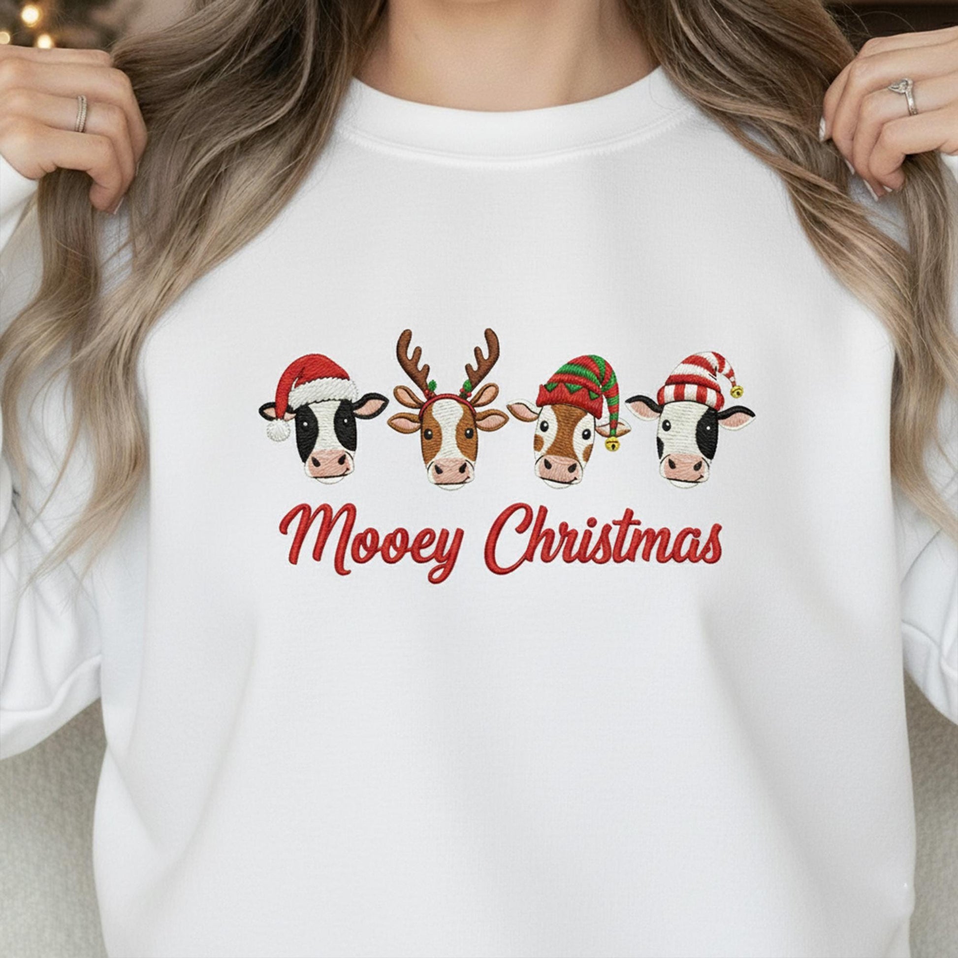 Embroidered Cow Sweatshirt: "Mooey Christmas" Crewneck Pullover with Festive Heifer Faces, Farm Animal Apparel