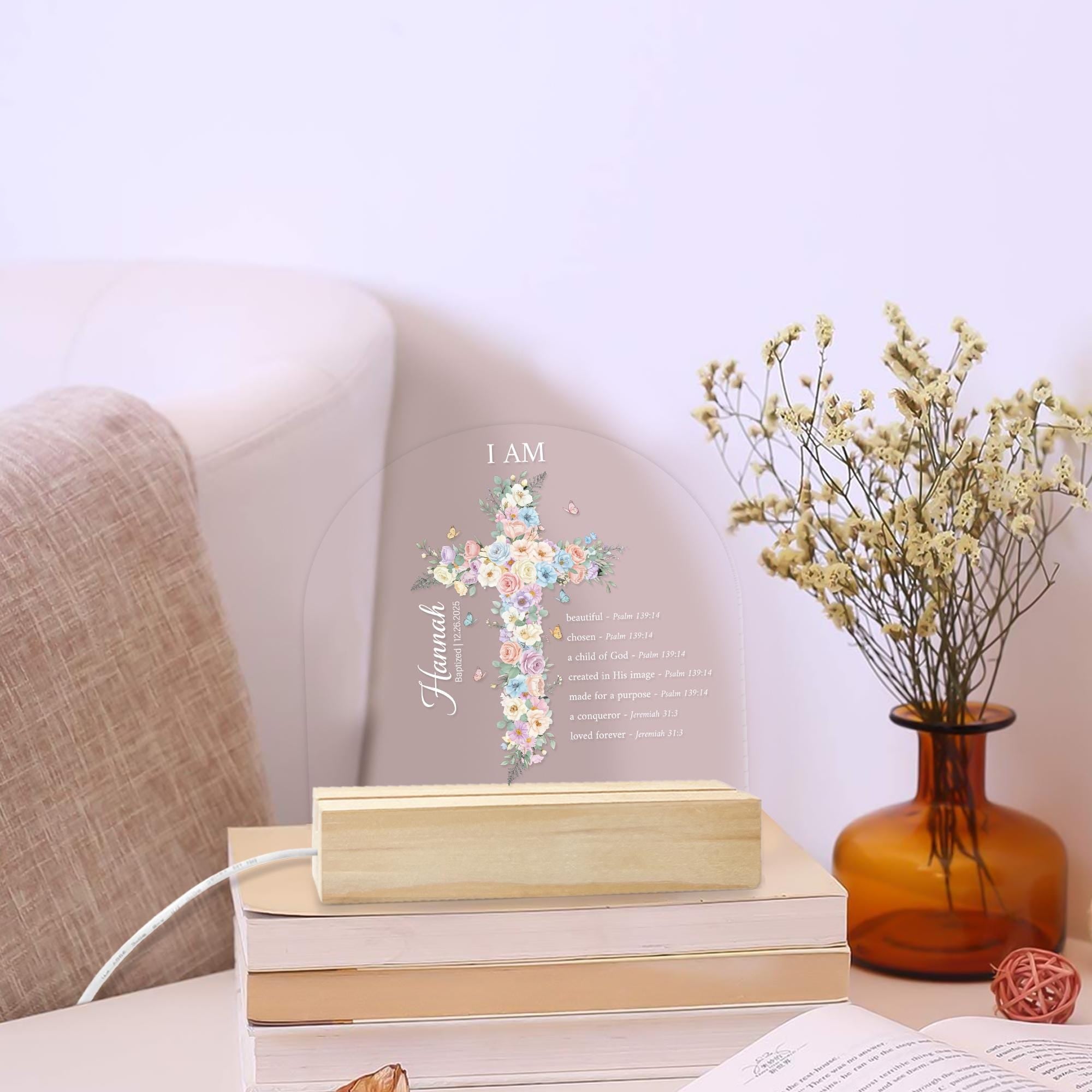 Personalized Baptism Night Light Cross Gift with Name & Bible Verses for Baby