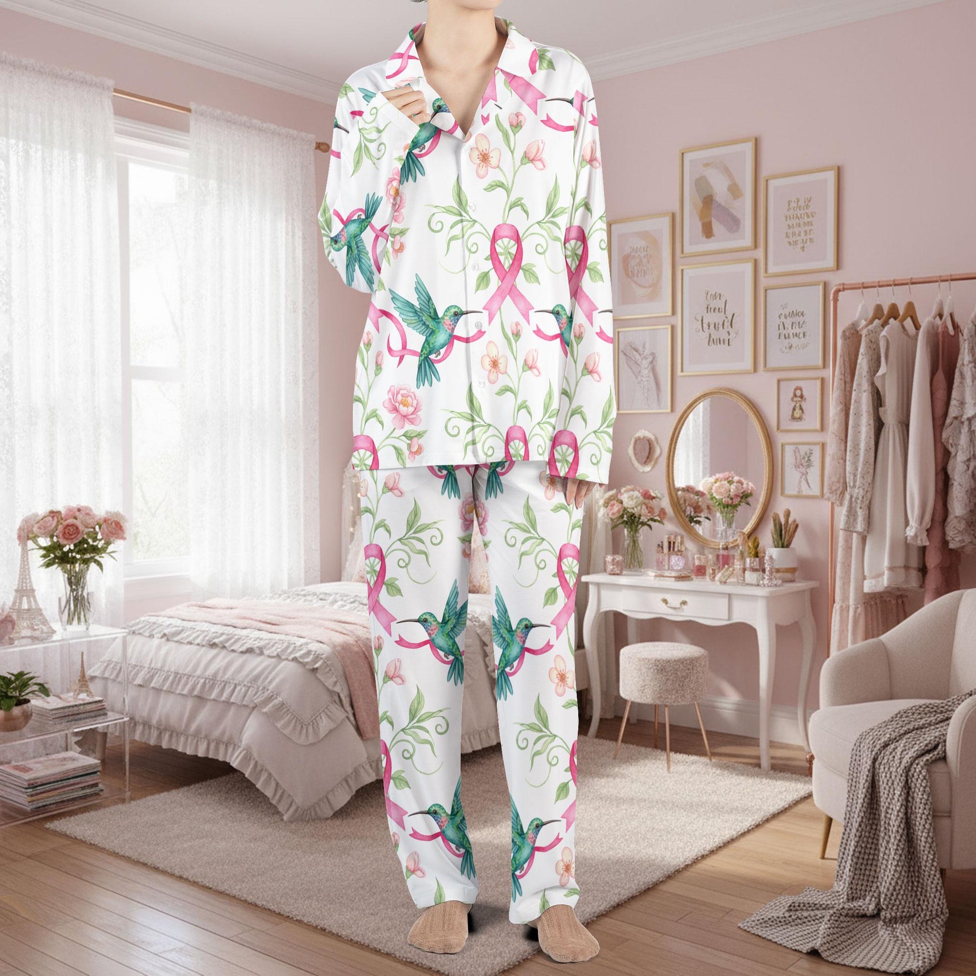 Hummingbird & Pink Ribbon: Breast Cancer Awareness Satin Pajama Set
