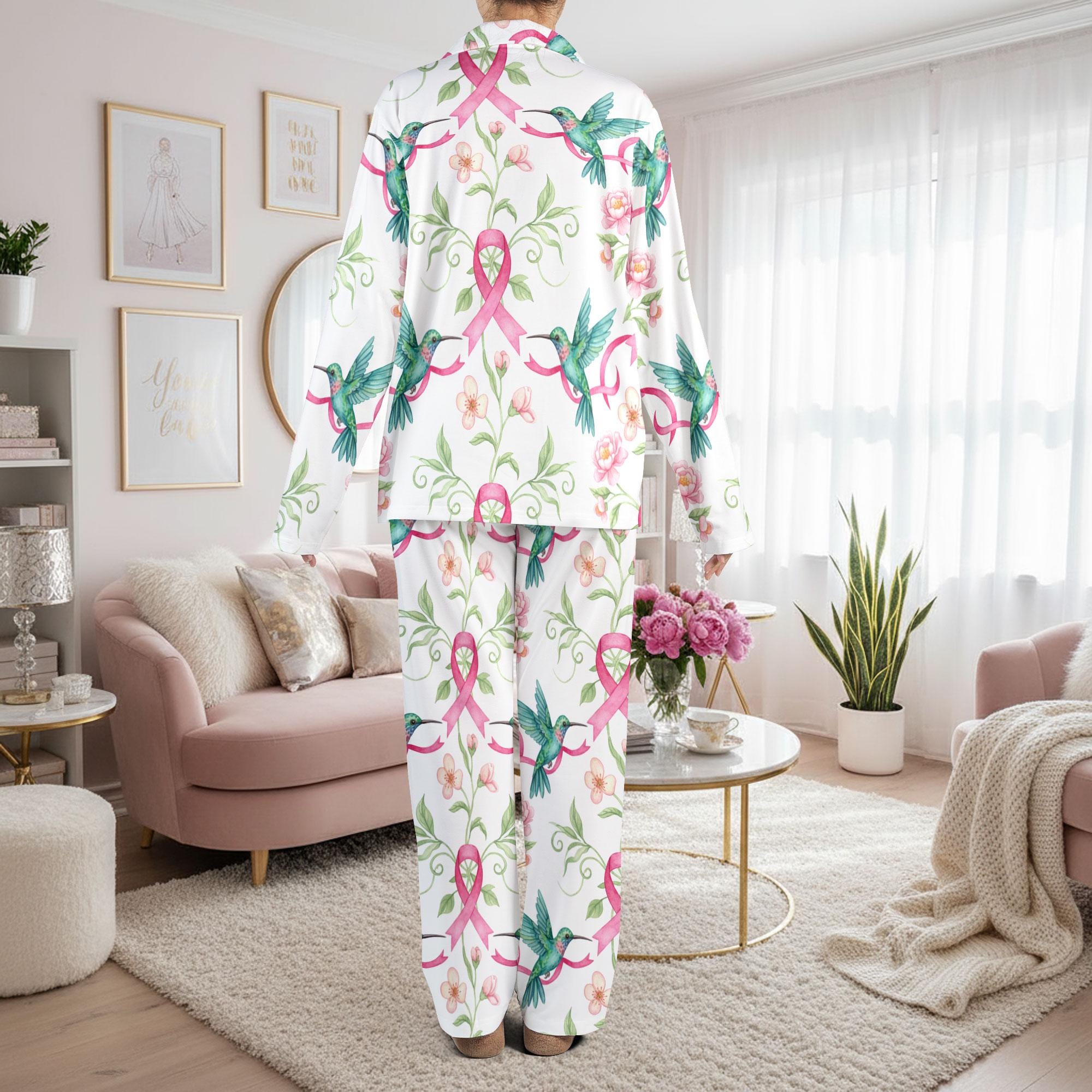 Hummingbird & Pink Ribbon: Breast Cancer Awareness Satin Pajama Set