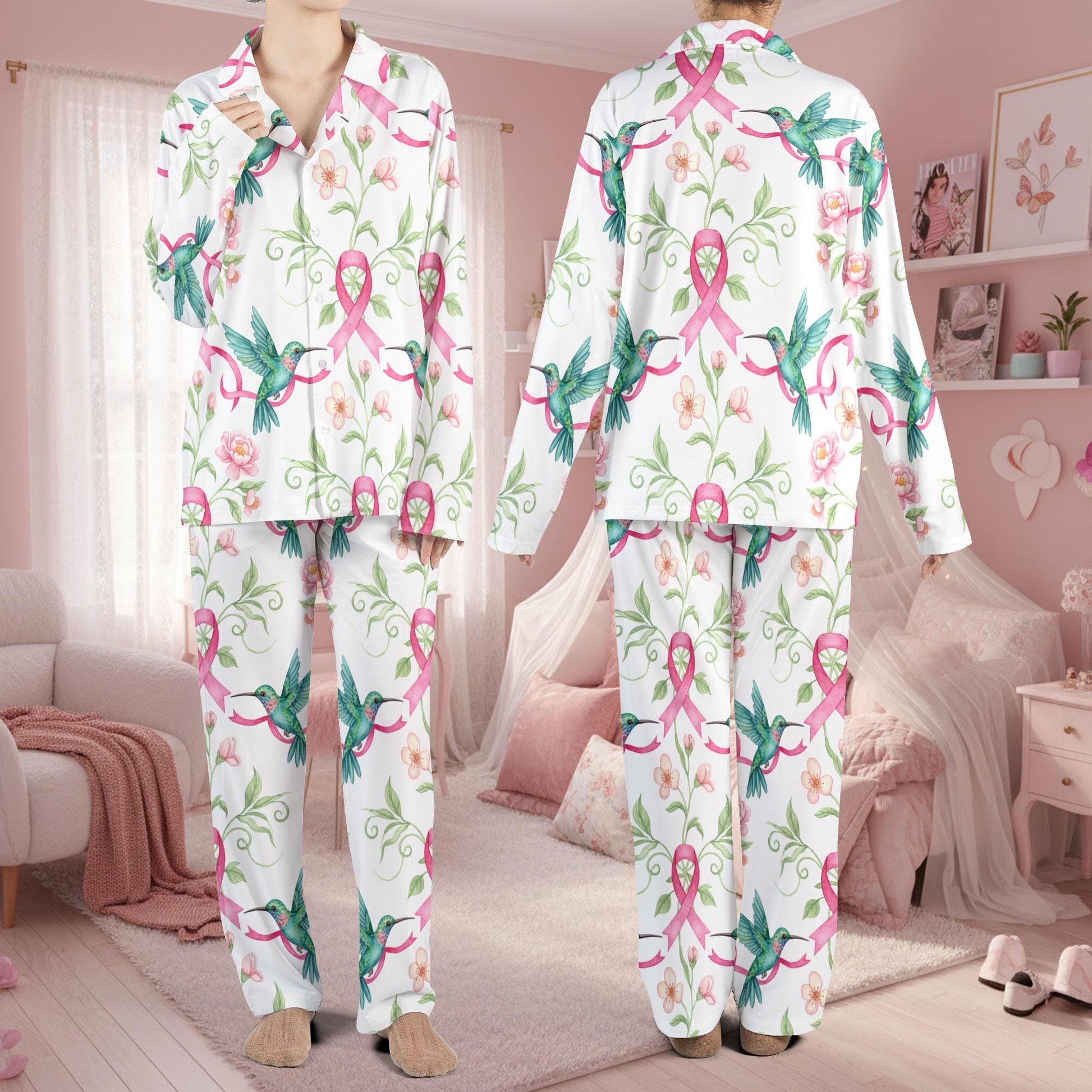 Hummingbird & Pink Ribbon: Breast Cancer Awareness Satin Pajama Set