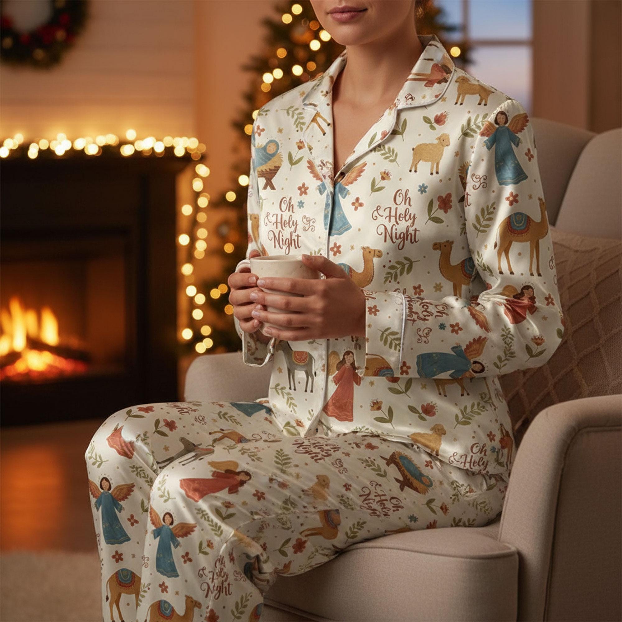 Christian Christmas Satin Pajamas: Nativity Scene & Oh Holy Night Matching Family Sleepwear Set image 2
