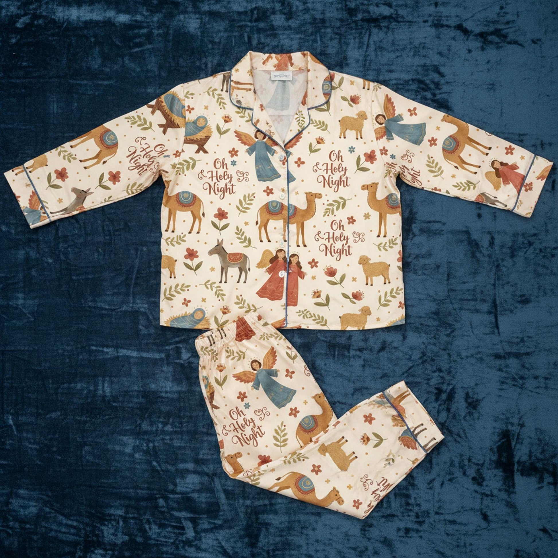 Christian Christmas Satin Pajamas: Nativity Scene & Oh Holy Night Matching Family Sleepwear Set image 1