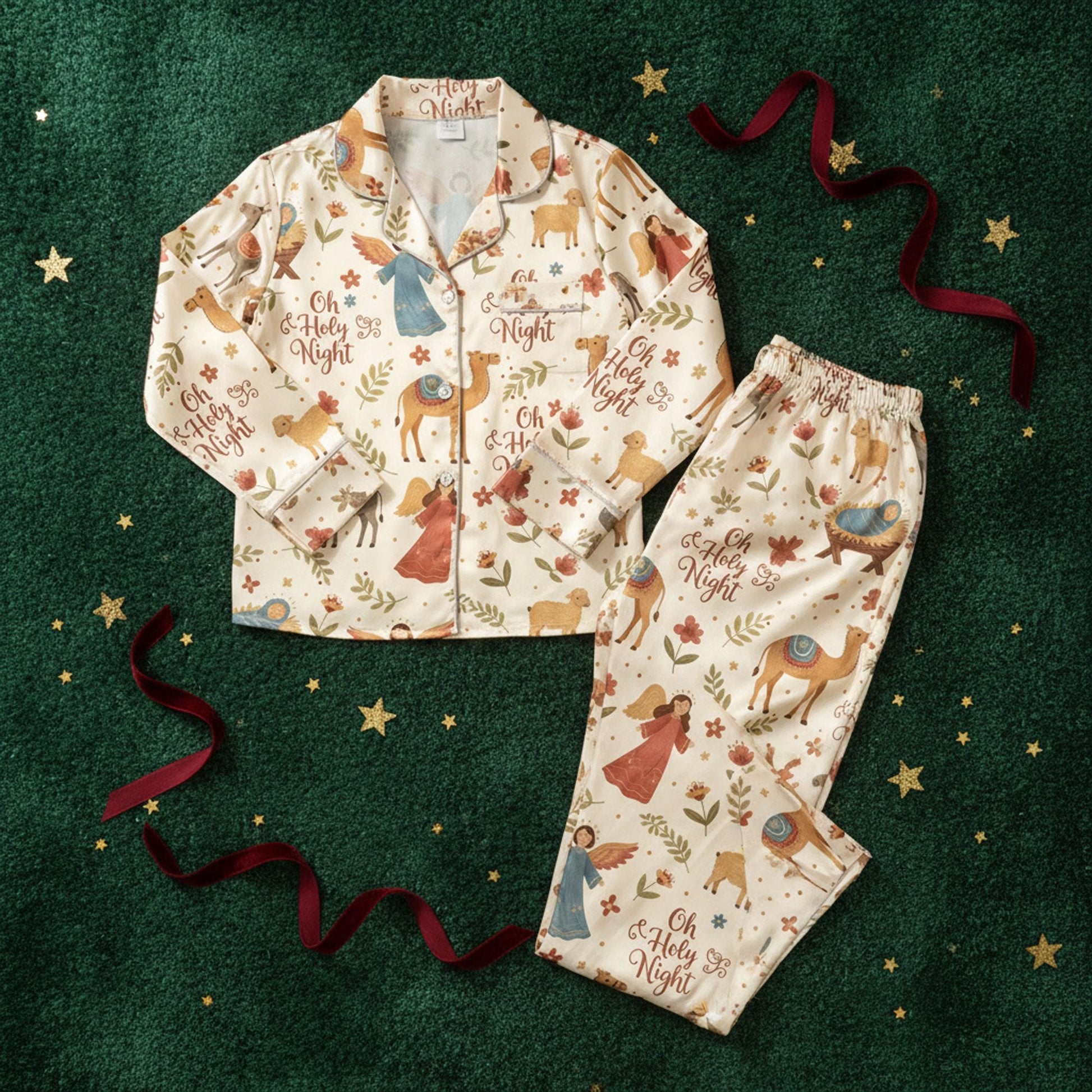 Christian Christmas Satin Pajamas: Nativity Scene & Oh Holy Night Matching Family Sleepwear Set image 5