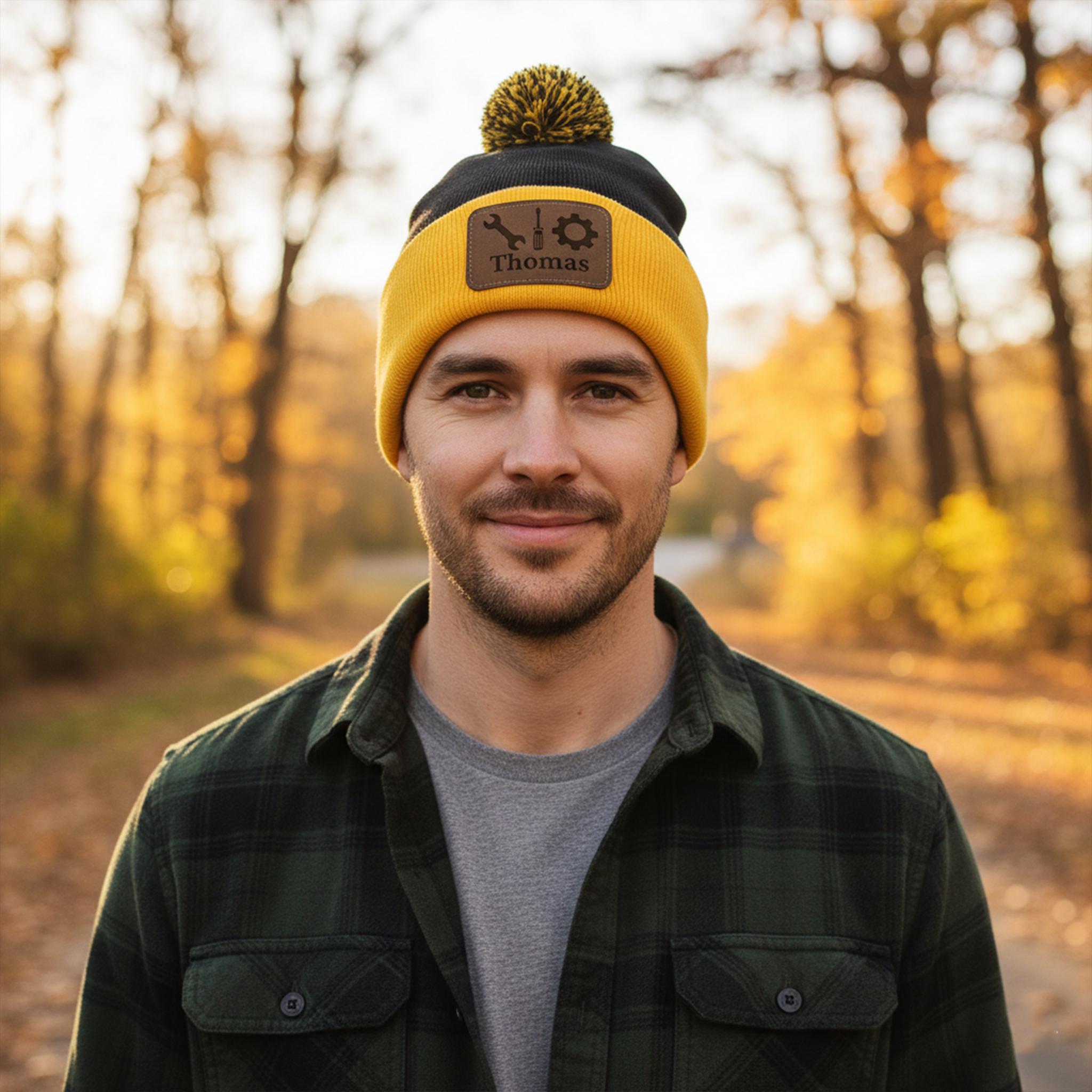 Personalized Mechanic Pom-Pom Cuffed Beanie: Custom Name Pom Pom Hat image 2