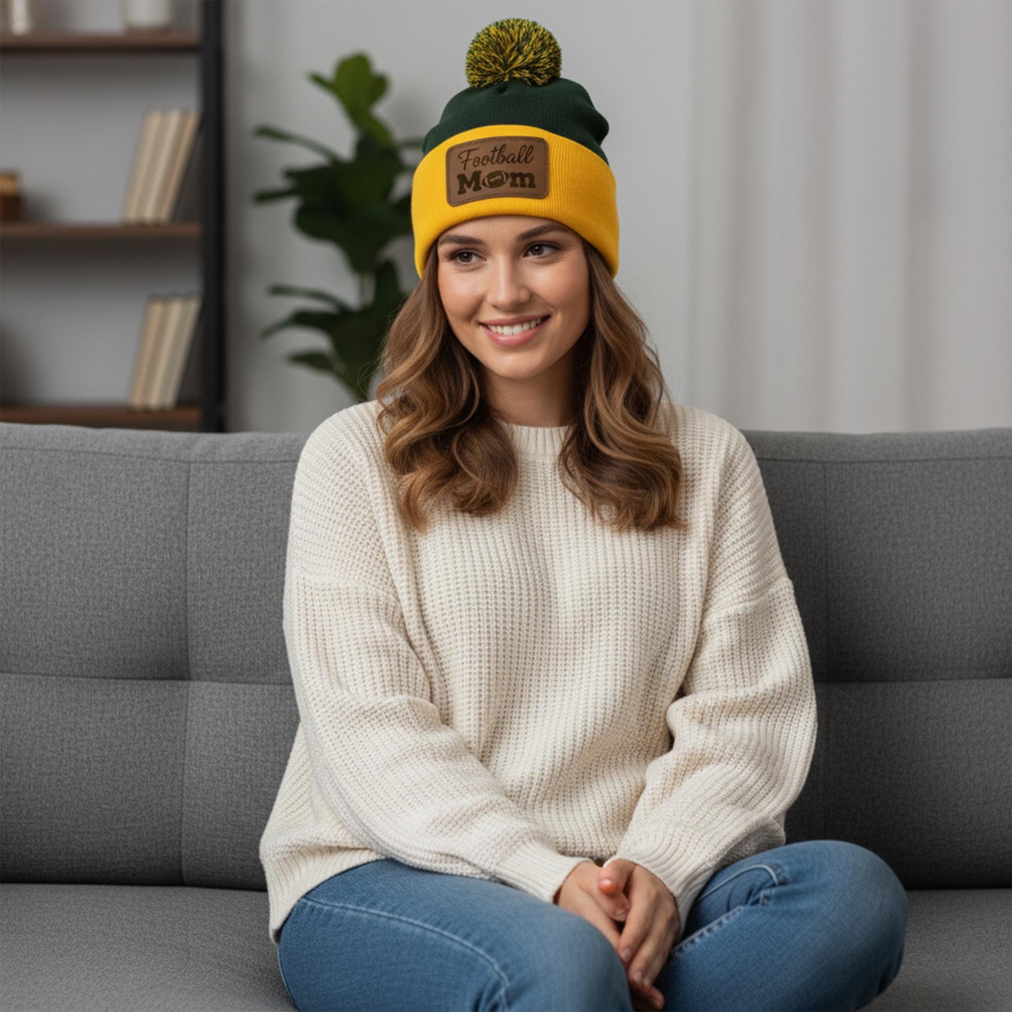 Football Mom Leather Patch Beanie: Custom Pom-Pom Hat, Sports Mom Gift image 3