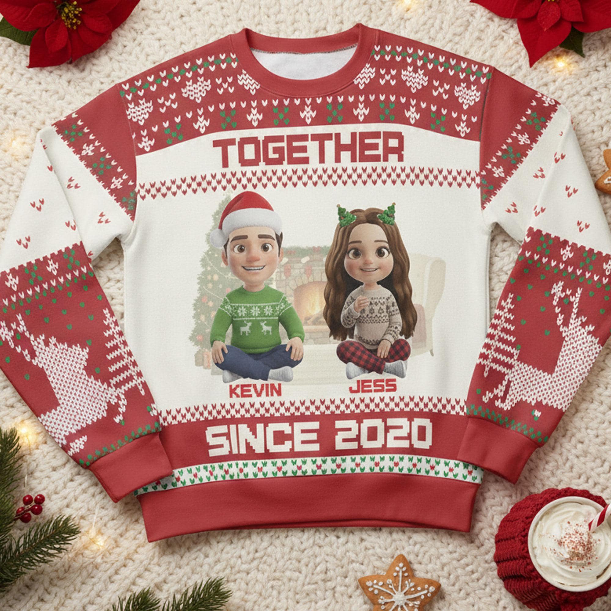 Personalized Christmas Ugly Sweater: Custom Couple Name, Year Established Holiday Jumper, Family Portrait Gift