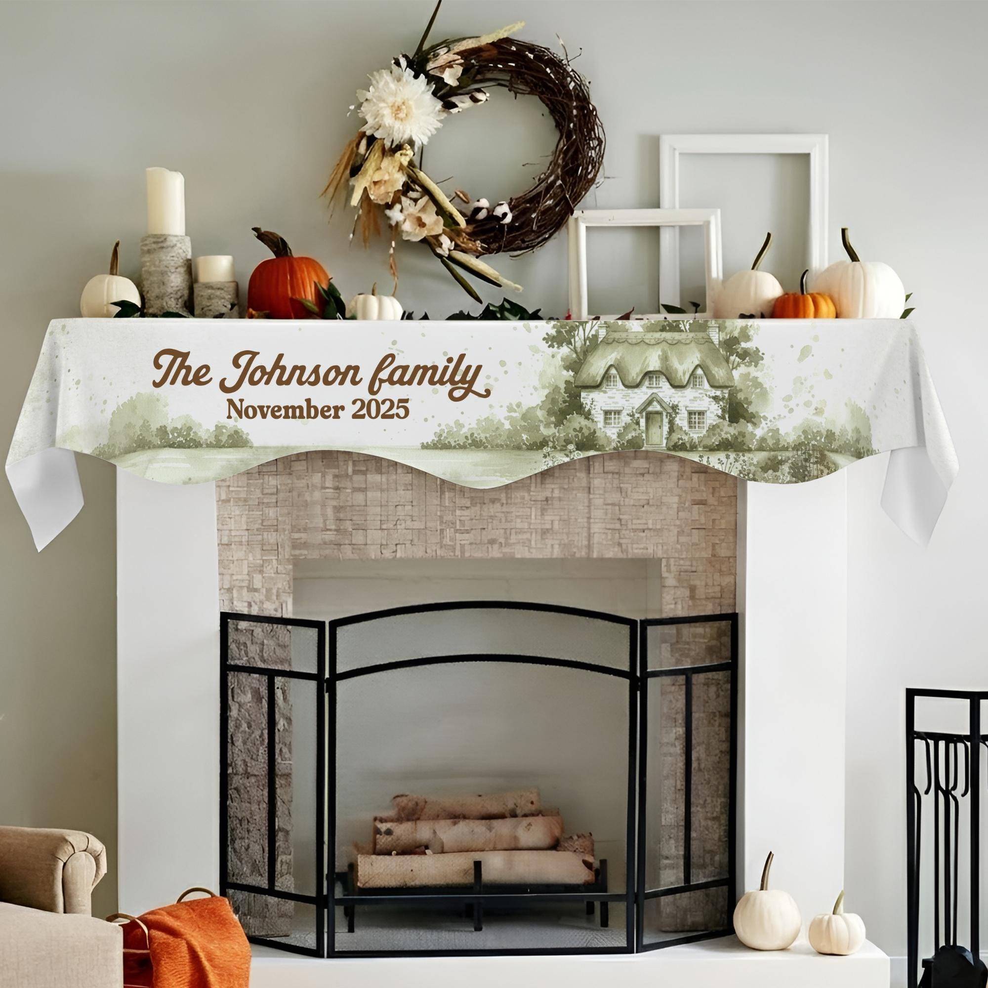 Custom Photo House Cottagecore Mantel Scarf with Family Name and Date image 2