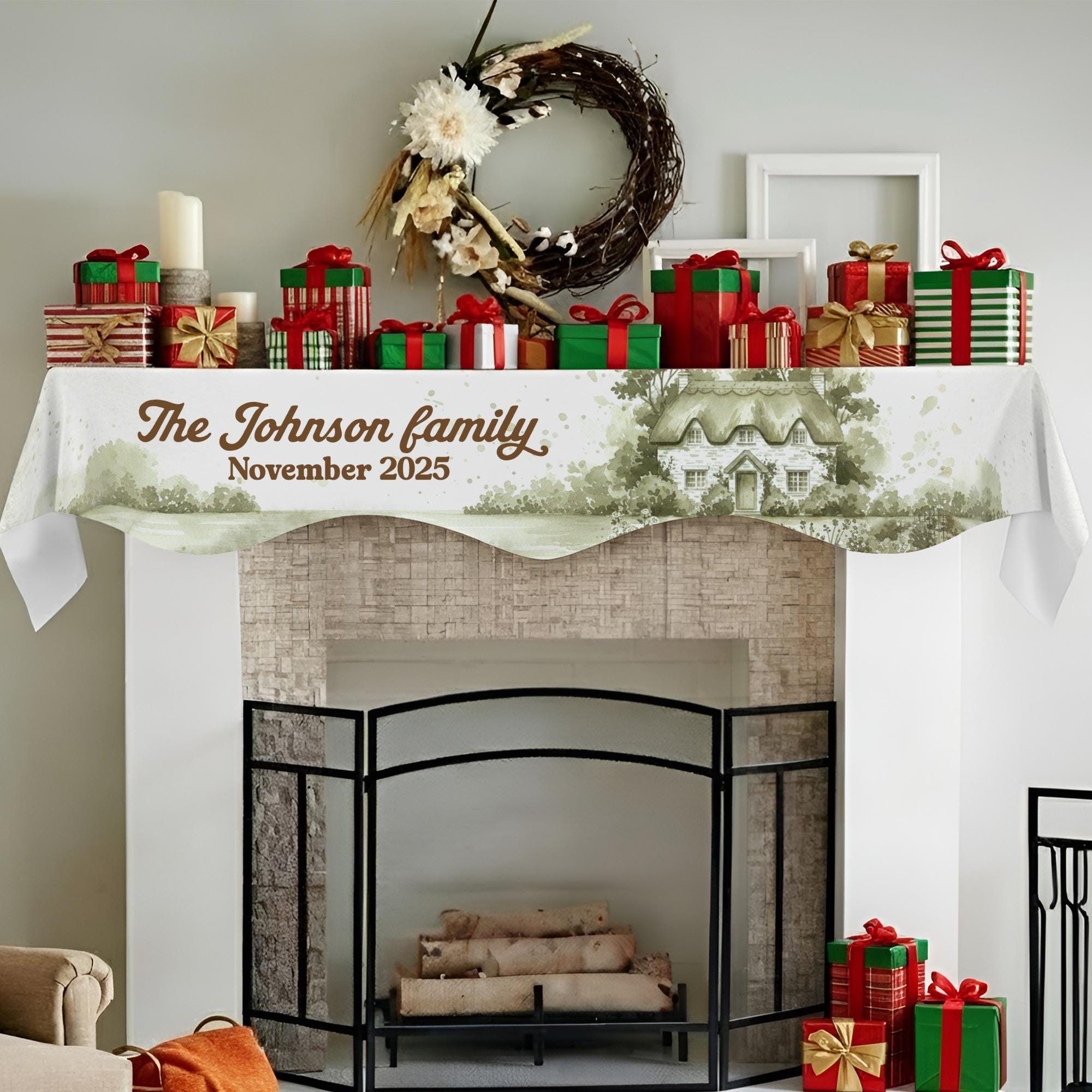 Custom Photo House Cottagecore Mantel Scarf with Family Name and Date image 1
