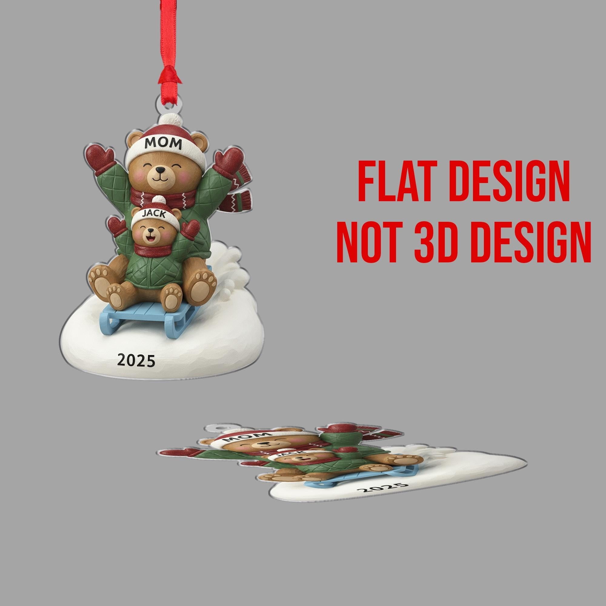 Mom & Child Bear Sled Christmas Ornament: Custom Names 2025 Holiday Tree Decor image 3