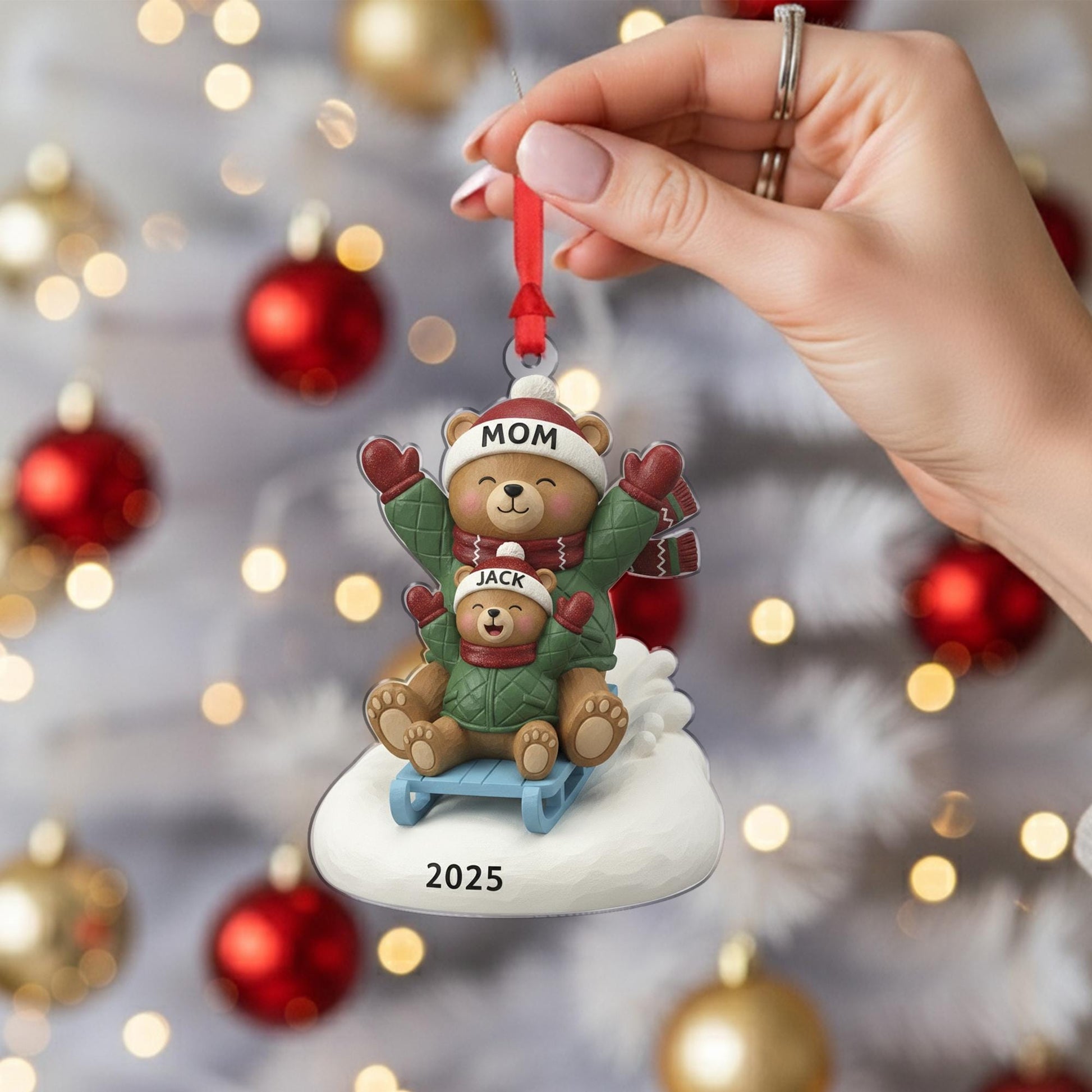 Mom & Child Bear Sled Christmas Ornament: Custom Names 2025 Holiday Tree Decor image 6