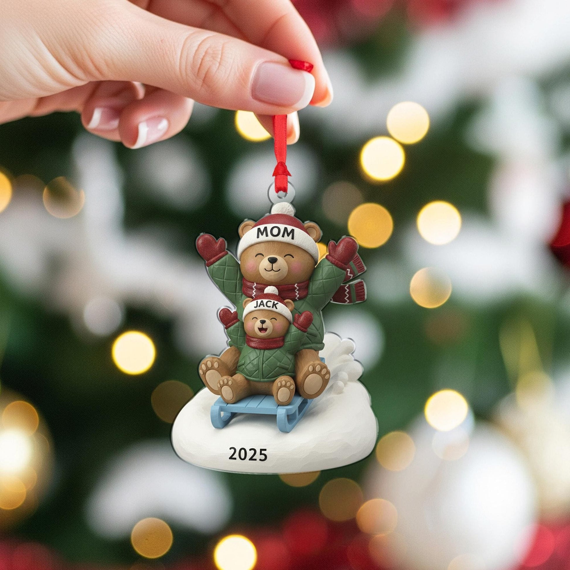 Mom & Child Bear Sled Christmas Ornament: Custom Names 2025 Holiday Tree Decor image 5
