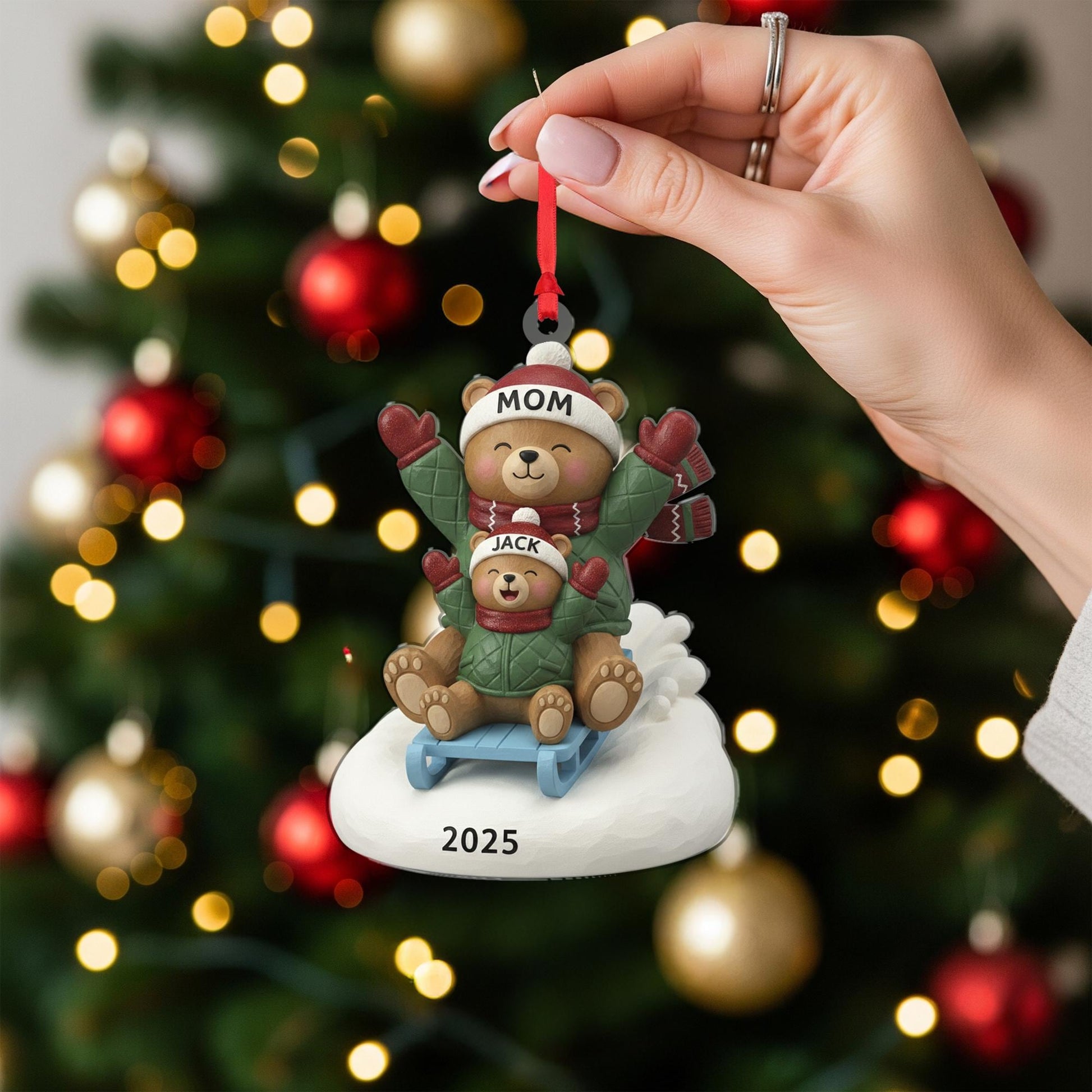 Mom & Child Bear Sled Christmas Ornament: Custom Names 2025 Holiday Tree Decor image 7