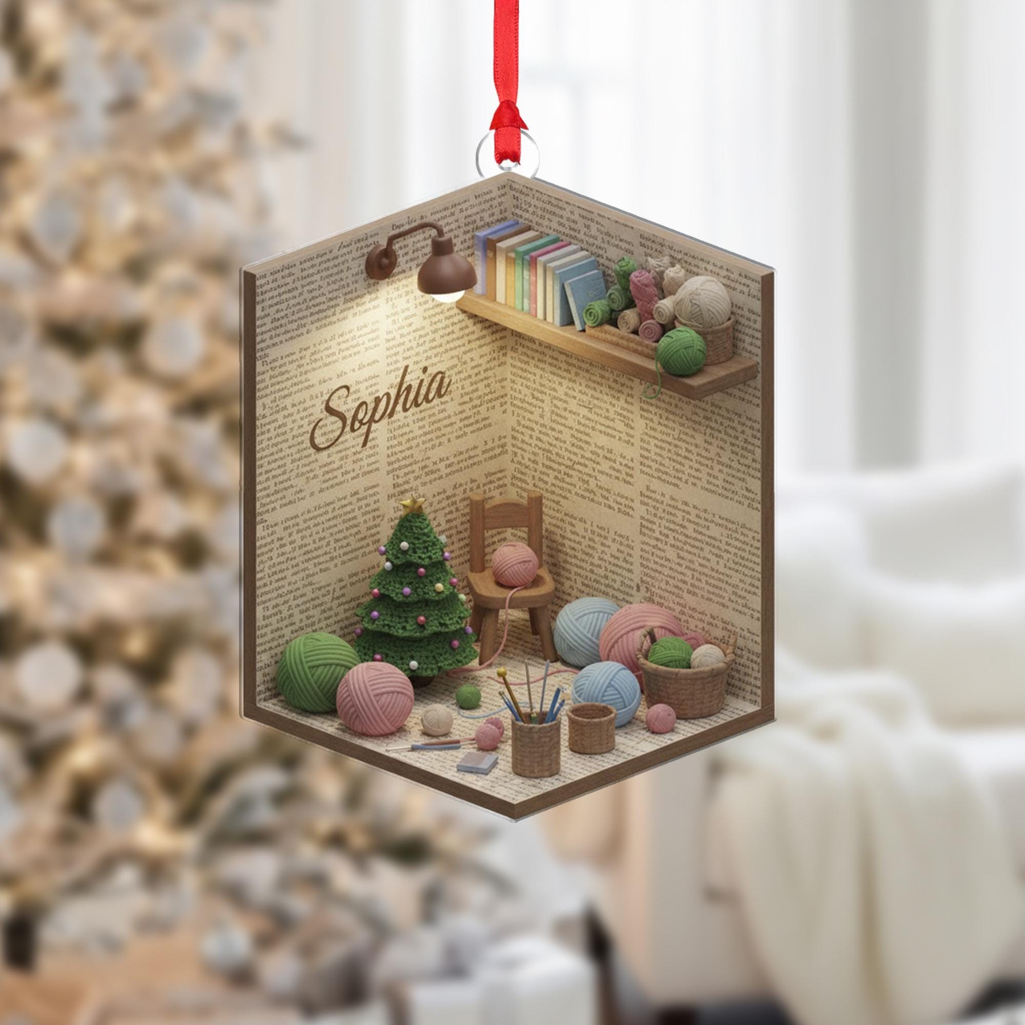 Personalized Acrylic Ornament: Knitting Room Diorama; Miniature Craft Room, Shadow Box Decor, Custom Name image 2