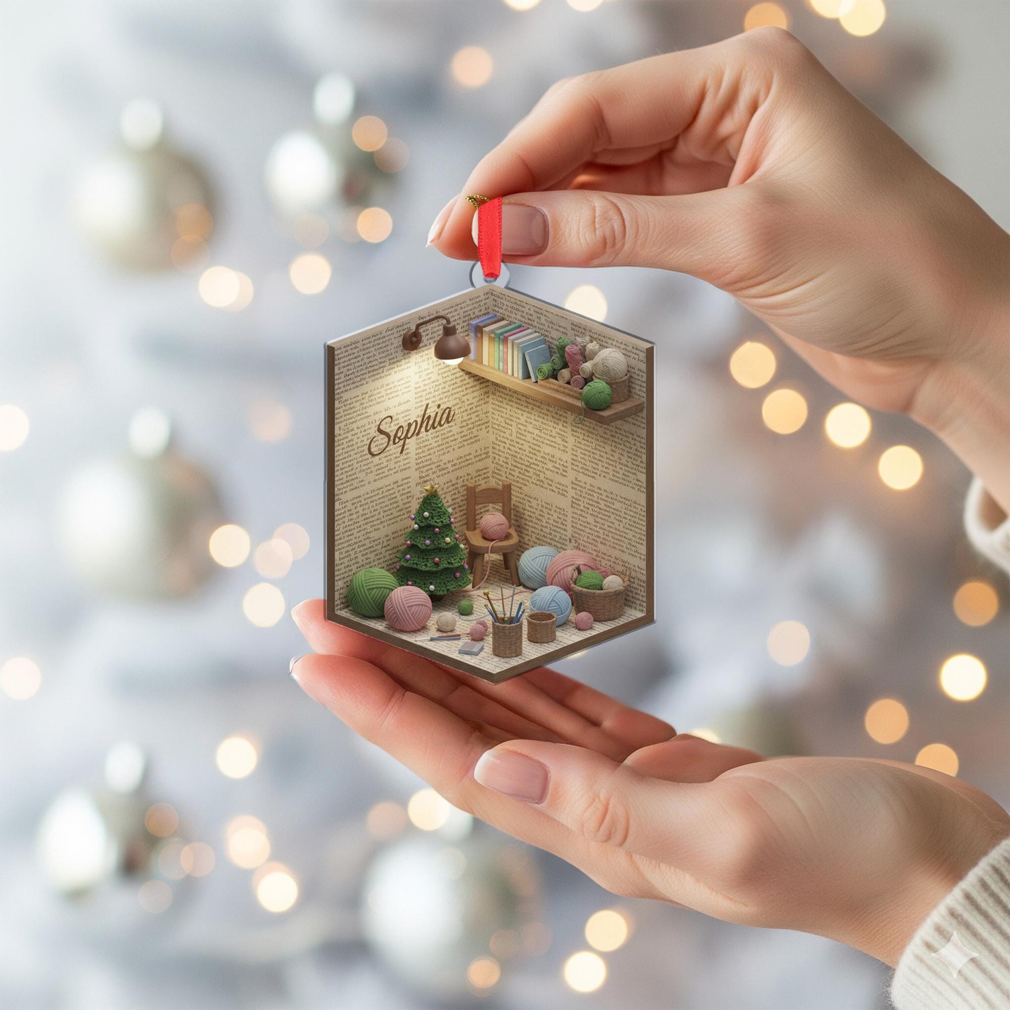 Personalized Acrylic Ornament: Knitting Room Diorama; Miniature Craft Room, Shadow Box Decor, Custom Name image 1