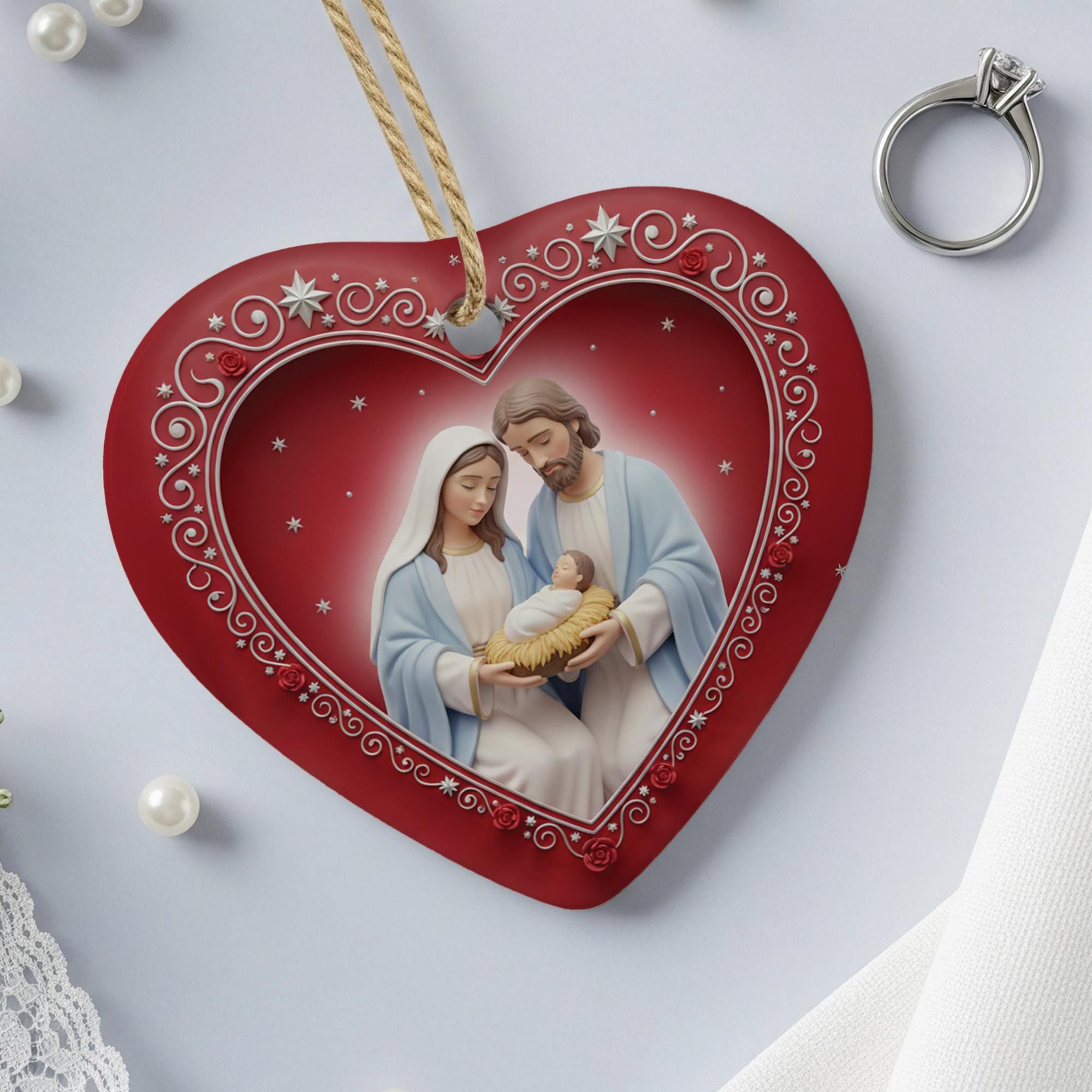 Ceramic Heart Ornament: Holy Family Nativity Scene; Religious Decor, Mary Joseph Jesus, Red Rose Border image 1