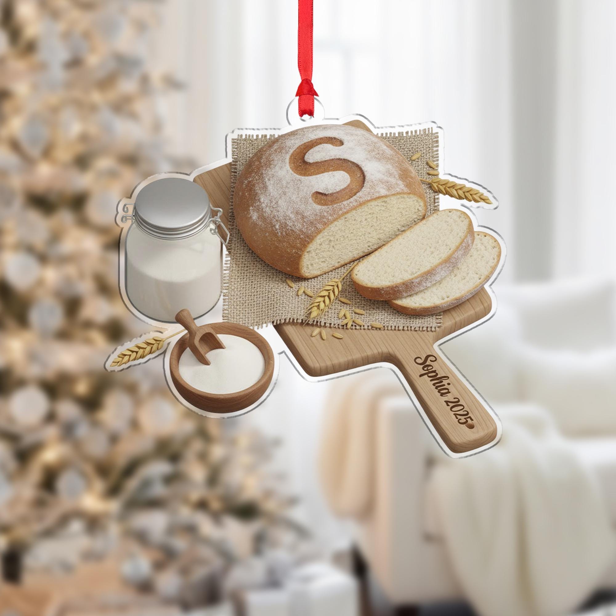Personalized Acrylic Ornament: Bread Baker Decor; Sourdough Loaf, Cutting Board Hanger, Custom Initial image 1