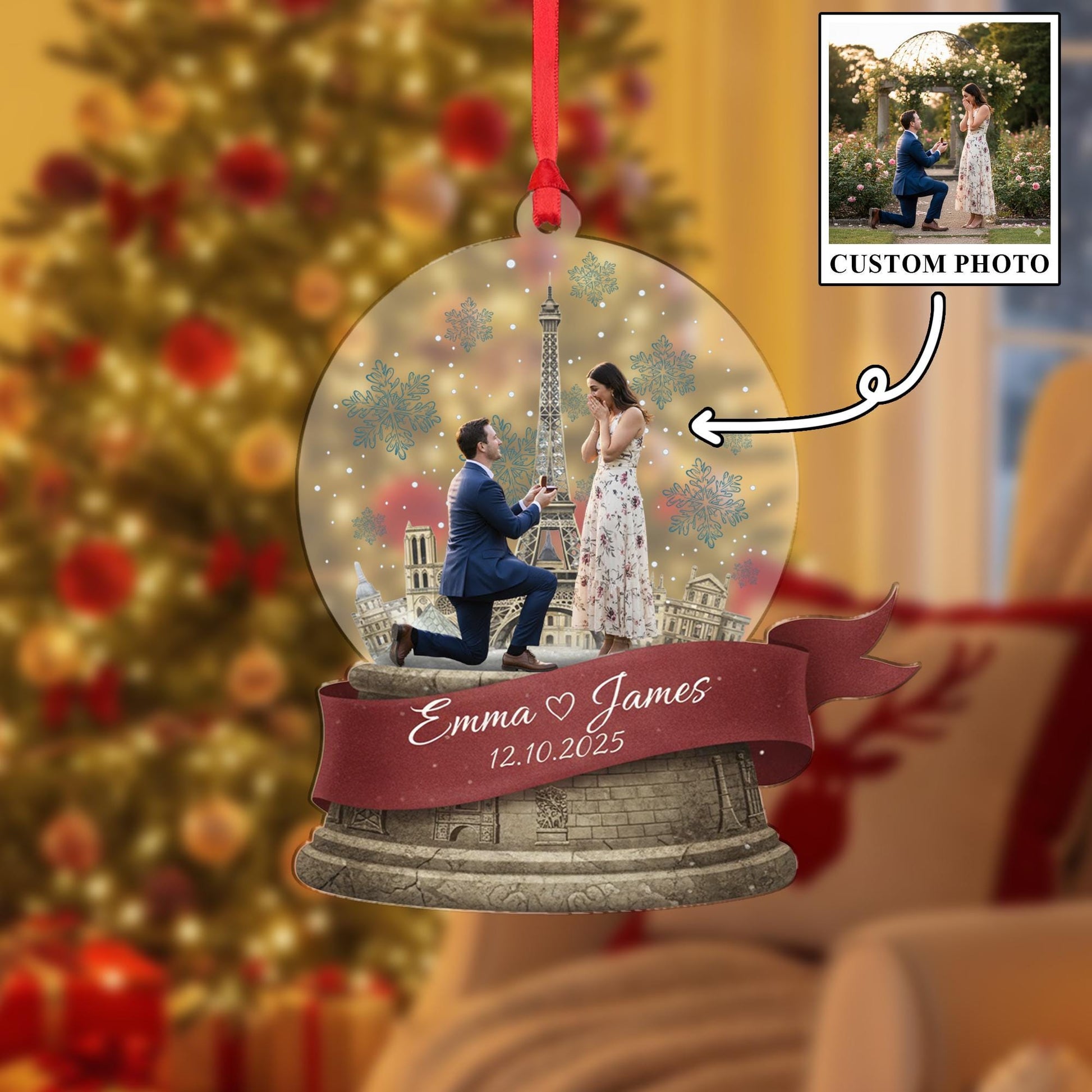 Custom Winter Paris Engagement Photo Ornament - Couple Proposal Keepsake image 3